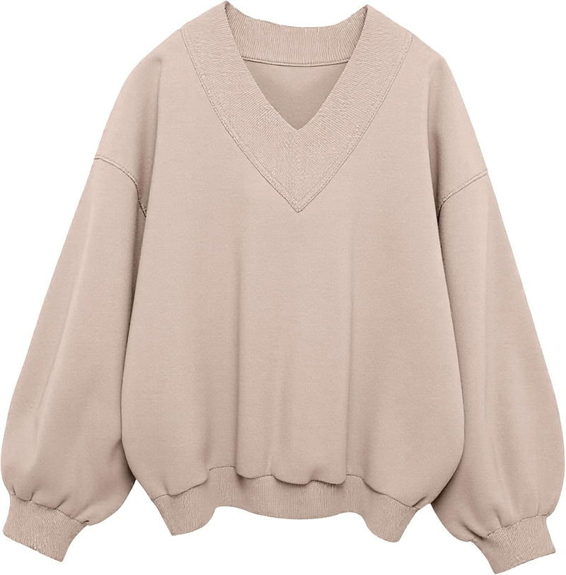 Hilinker Womens V Neck Oversized Sweatshirts Casual Drop Shoulder Long Sleeve Pullover Tops-100