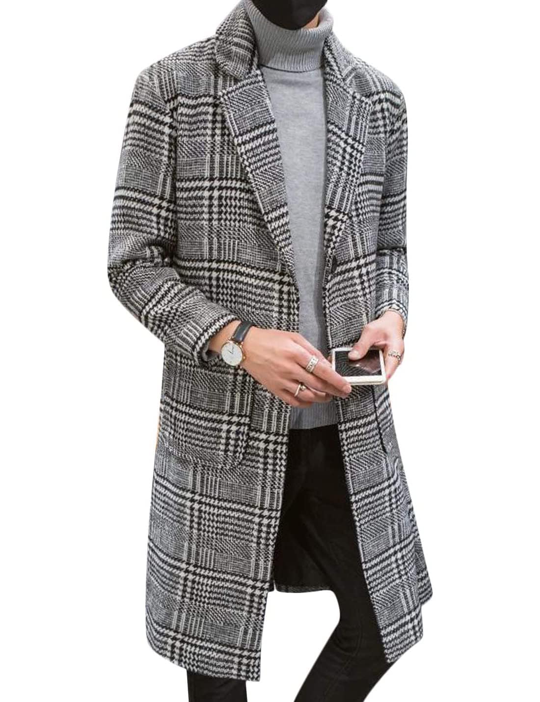 Springrain Men's Wool Blend Pea Coat Notched Collar Single Breasted Overcoat Warm Winter Trench Coat-14