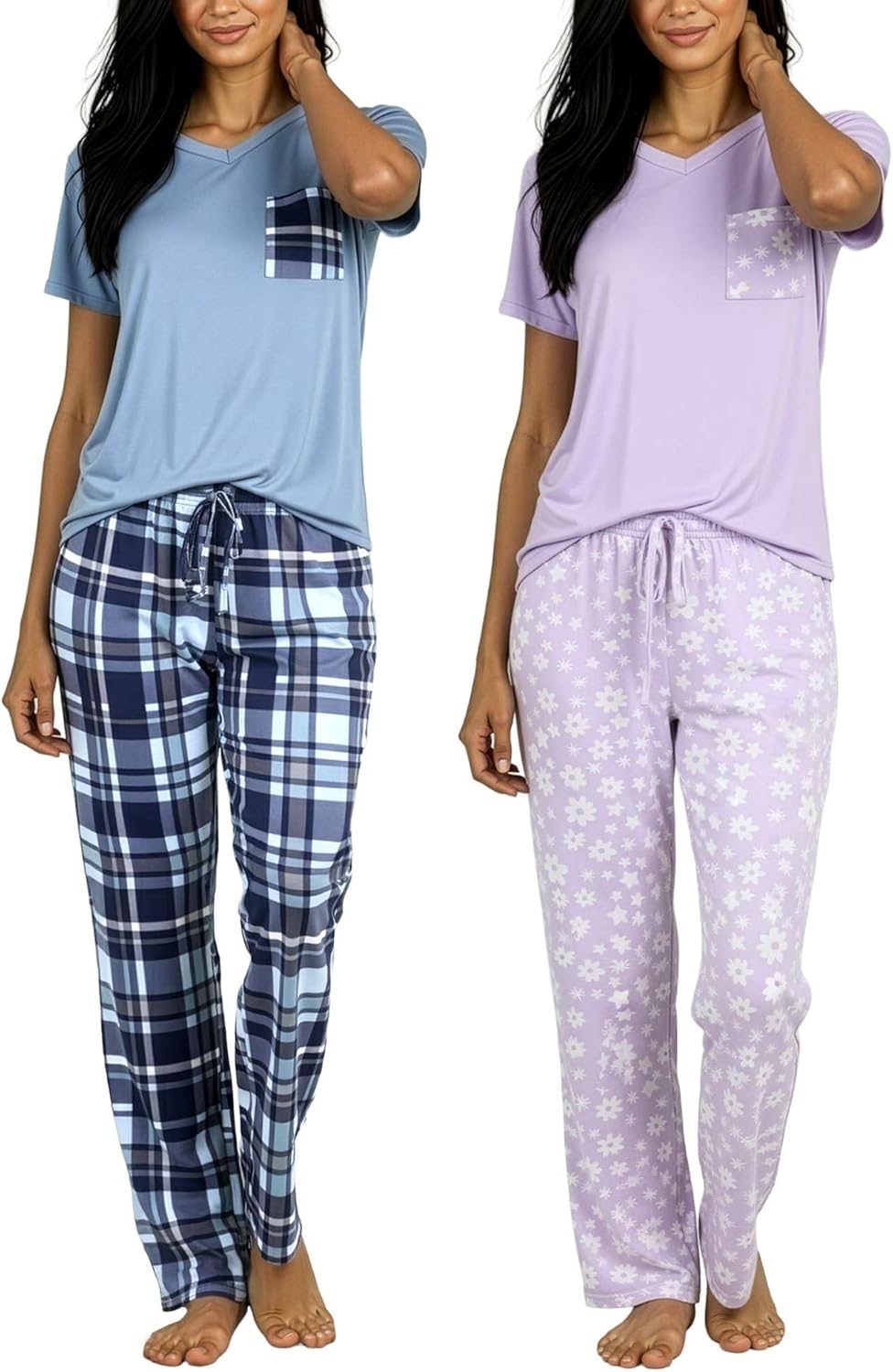 Real Essentials 2 Pack: Women's Comfy Pajama Sets - Short & Long Sleeve Ladies Loungewear Sleepwear PJs (Available In Plus)-68