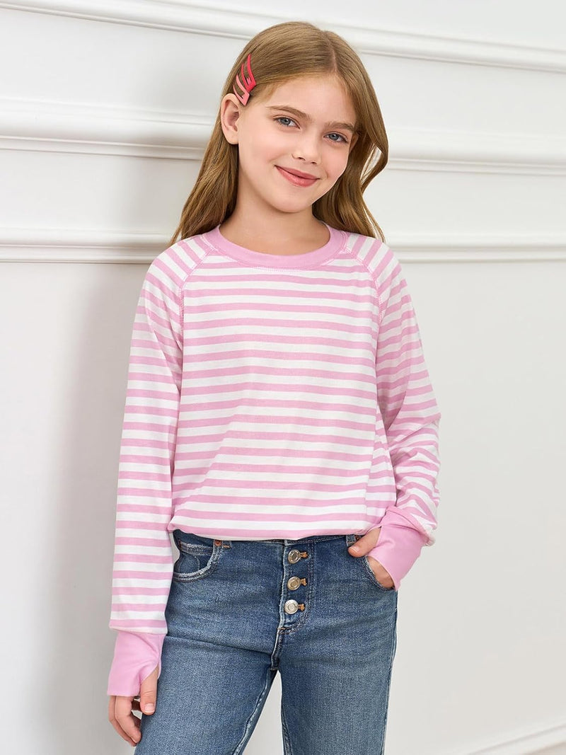Haloumoning Girls Striped Thumb Hole Long Sleeve Shirts Kids Crewneck Tunic Tops Curved Hem Tees 5-14 Years