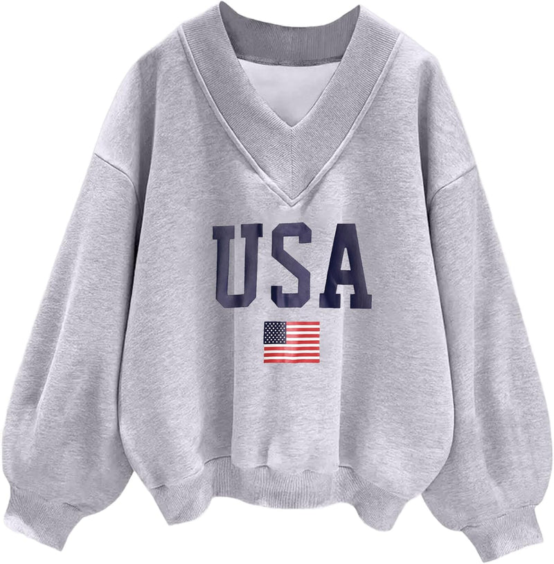Hilinker Womens V Neck Oversized Sweatshirts Casual Drop Shoulder Long Sleeve Pullover Tops-92