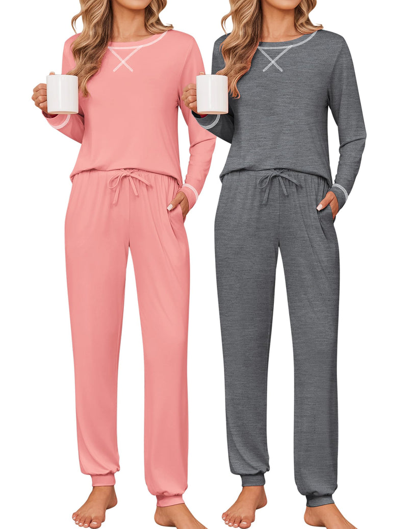Ekouaer 2 Pack Pajama Sets for Women Long Sleeves Lounge Set Jogger Pants