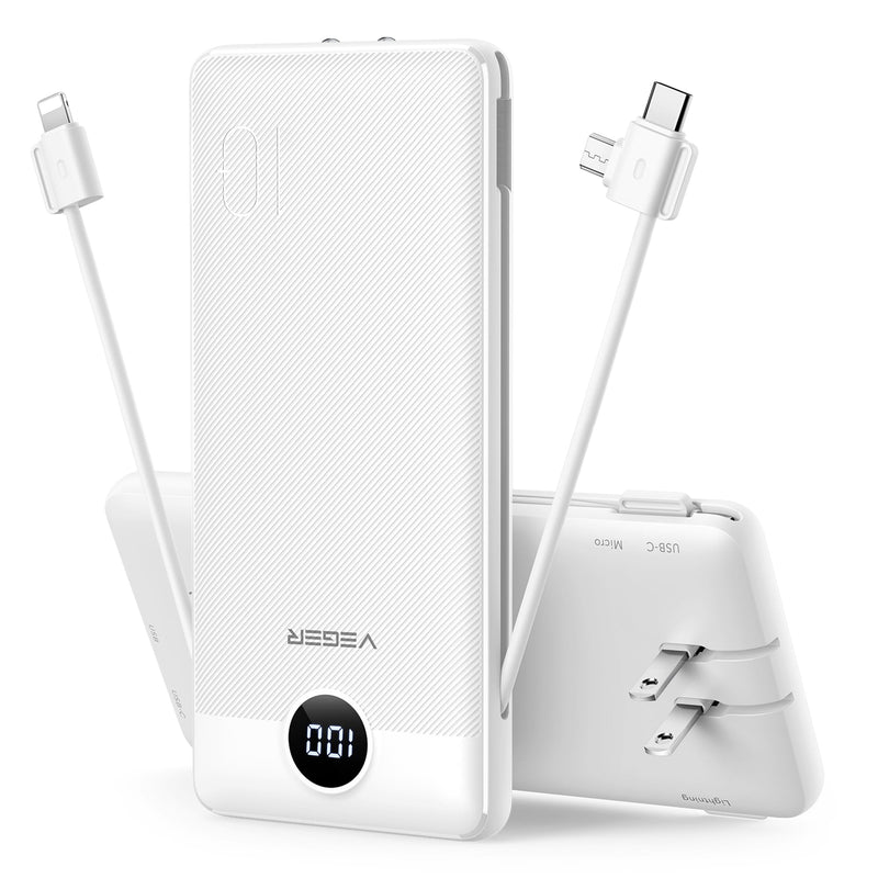 VEGER Portable Charger with Built-in AC Plug and Cables, All in One 10000mAh Ultra Slim Power Bank Travel Essentials, Fast Charging Battery Pack Compatible with iPhone, Samsung, Android (Purple)
