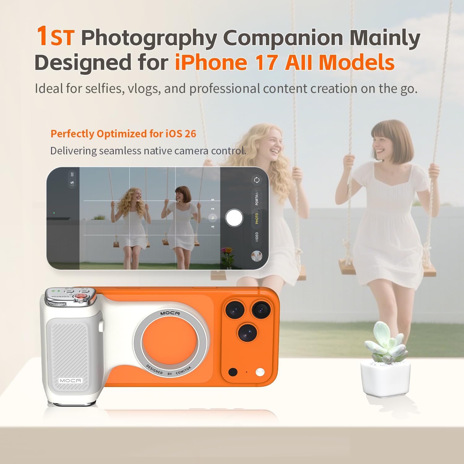 COMITOK MOCA - iPhone Camera Grip - for Native Camera Control with Removable Remote & Built-in Keychain, Magnetic Phone Camera Grip No Need App Support iOS26/17/18, Fun Shot Magnetic Grip with 1/4 Nut