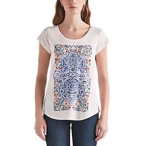Lucky Brand Ladies Graphic Tee, White Tribal Graphic Print, S