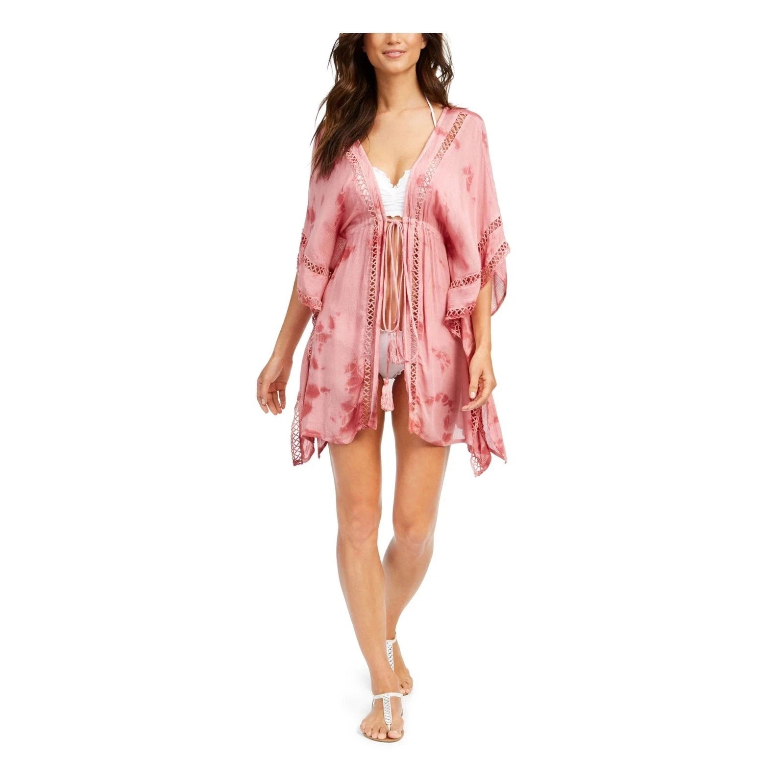 Raviya Womens' Crochet Trim Tie Front Kimono Swim Cover Up Blush Tie Dye Size M