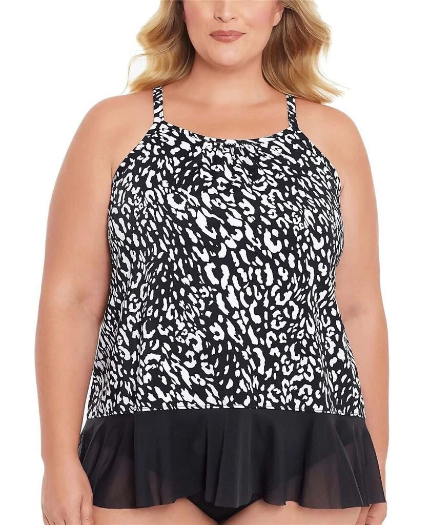 Swim Solutions Going Boldly Pleated High-Neck Ruffle Tankini Top, BLACK, 20W-1