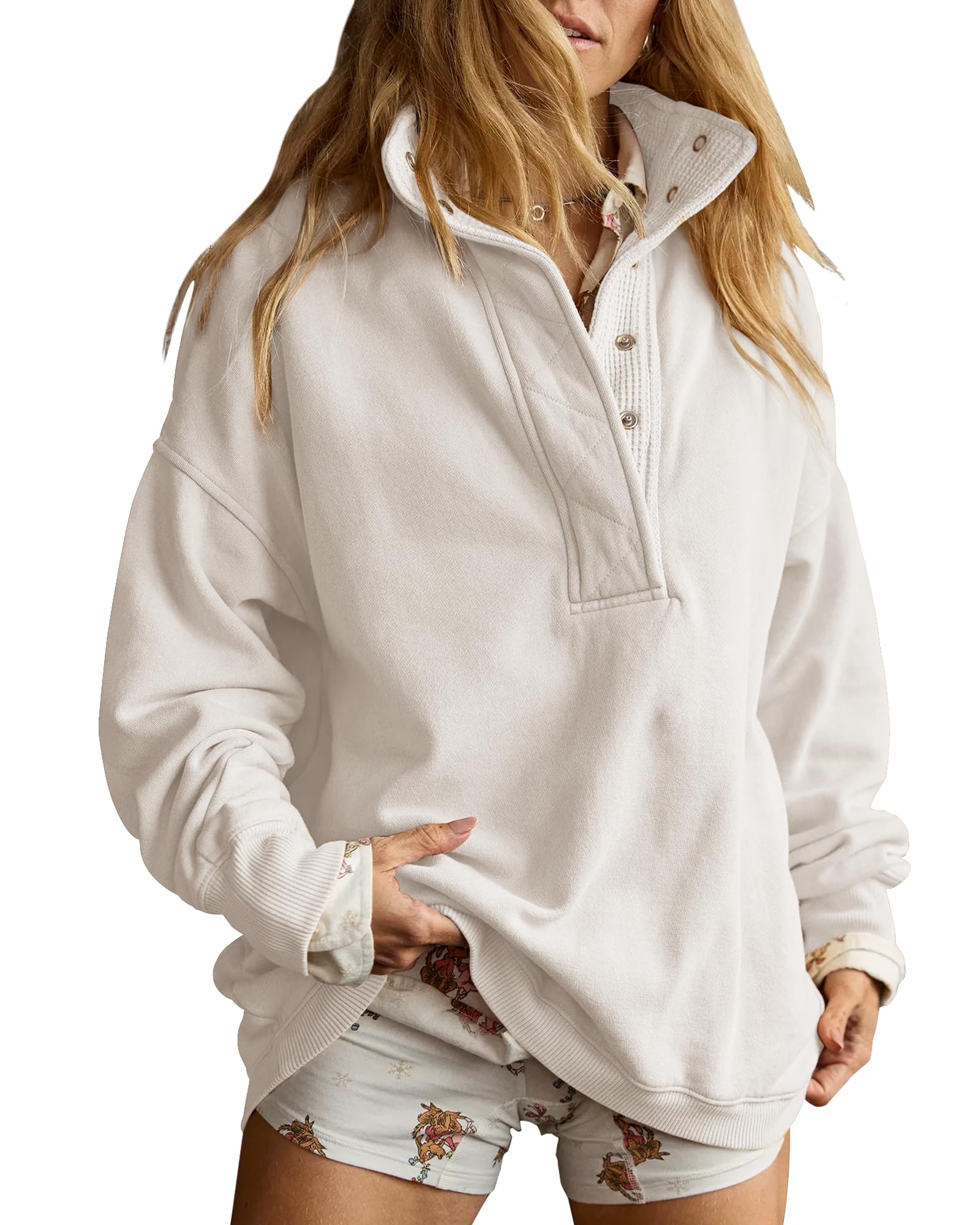 Gacaky Sweatshirt for Women Oversized Casual Long Sleeve Button Henley Neck Pullover Tops Fashion Outfits Clothes-30