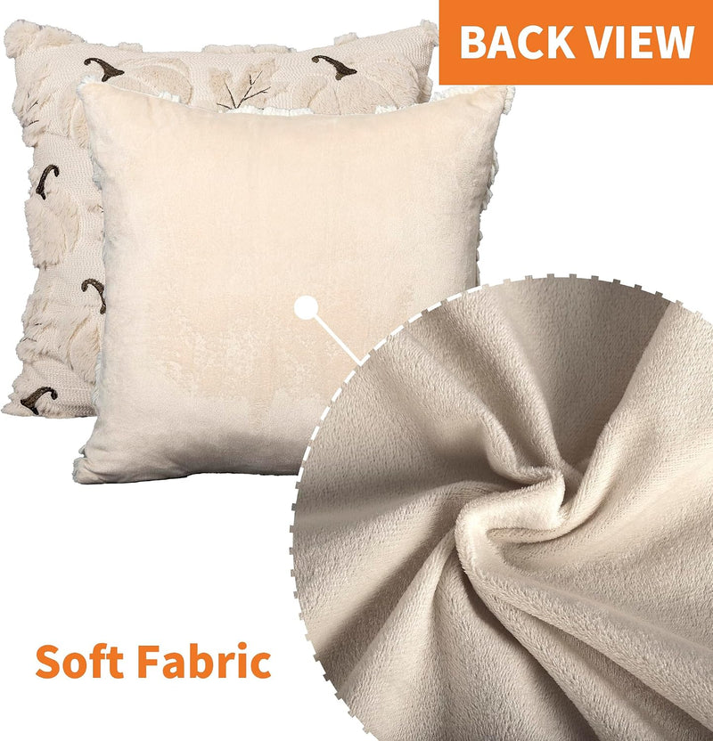 4TH Emotion Fall Pumpkins Leaves Decorative Pillow Covers 18"x18" Set of 2, Beige Soft Plush Faux Fur Throw Cushion Cases for Autumn Thanksgiving Holiday Home Decorations