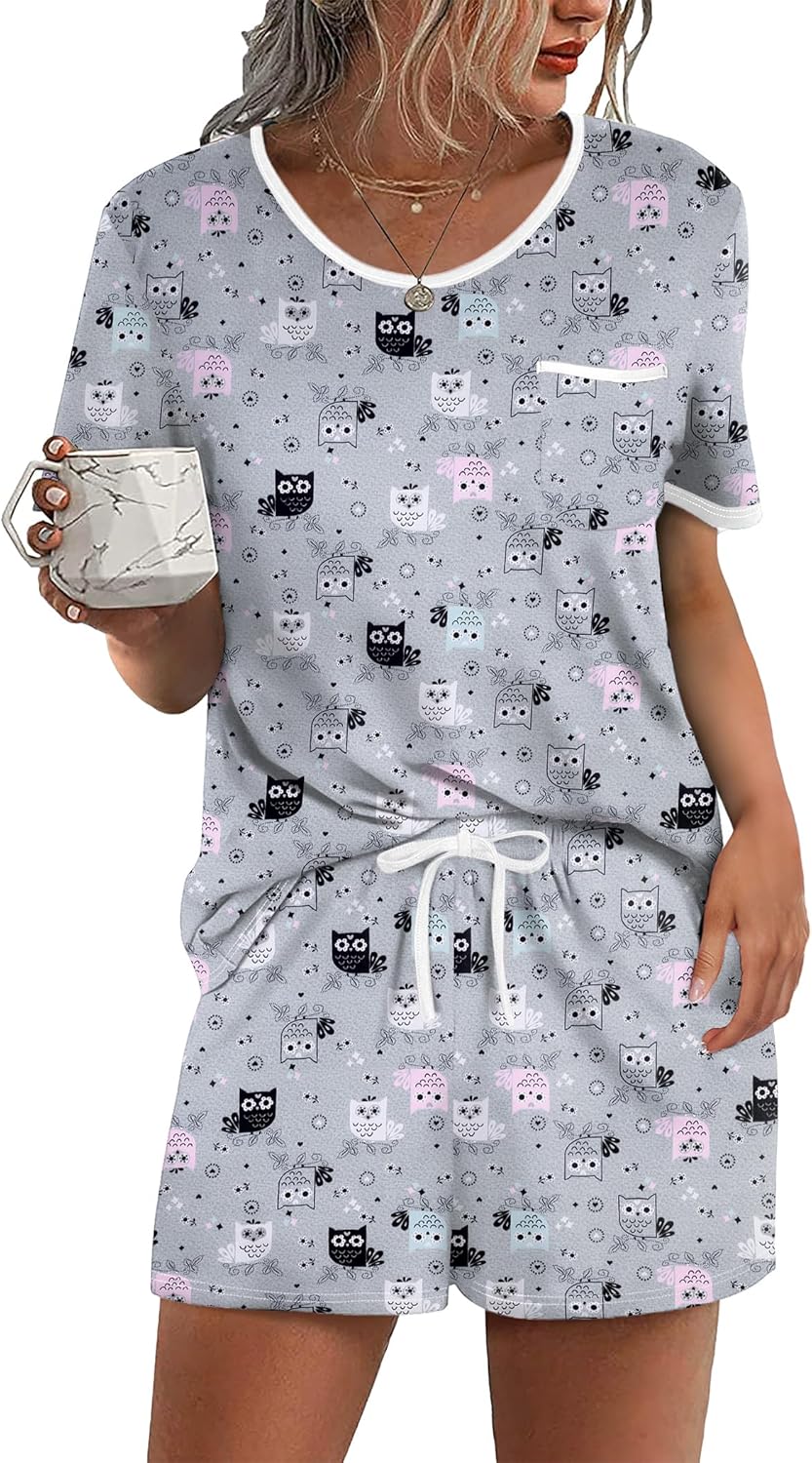 Ekouaer Pajama Set for Women 2 Piece Lounge Set Short Sleeve Tops and Shorts Soft Sleepwear, Chest Pocket-28