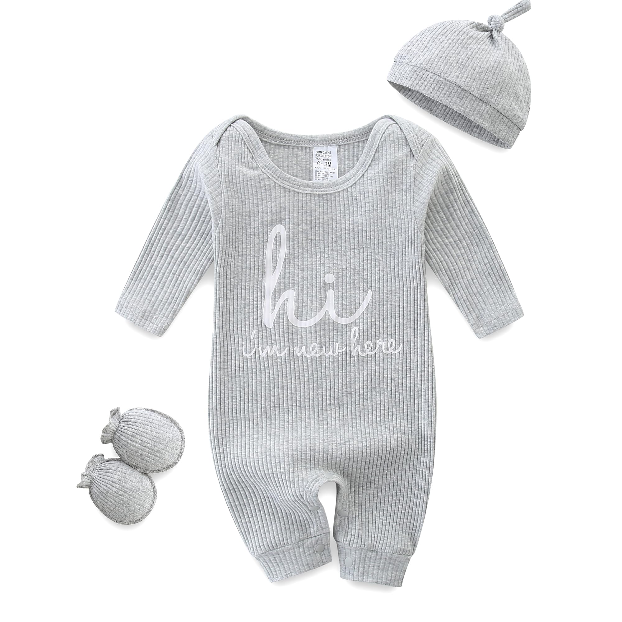 Baby Romper with Baby Mittens & Newborn Hats Footless Long Sleeve Solid Onesie Hi Im New Here