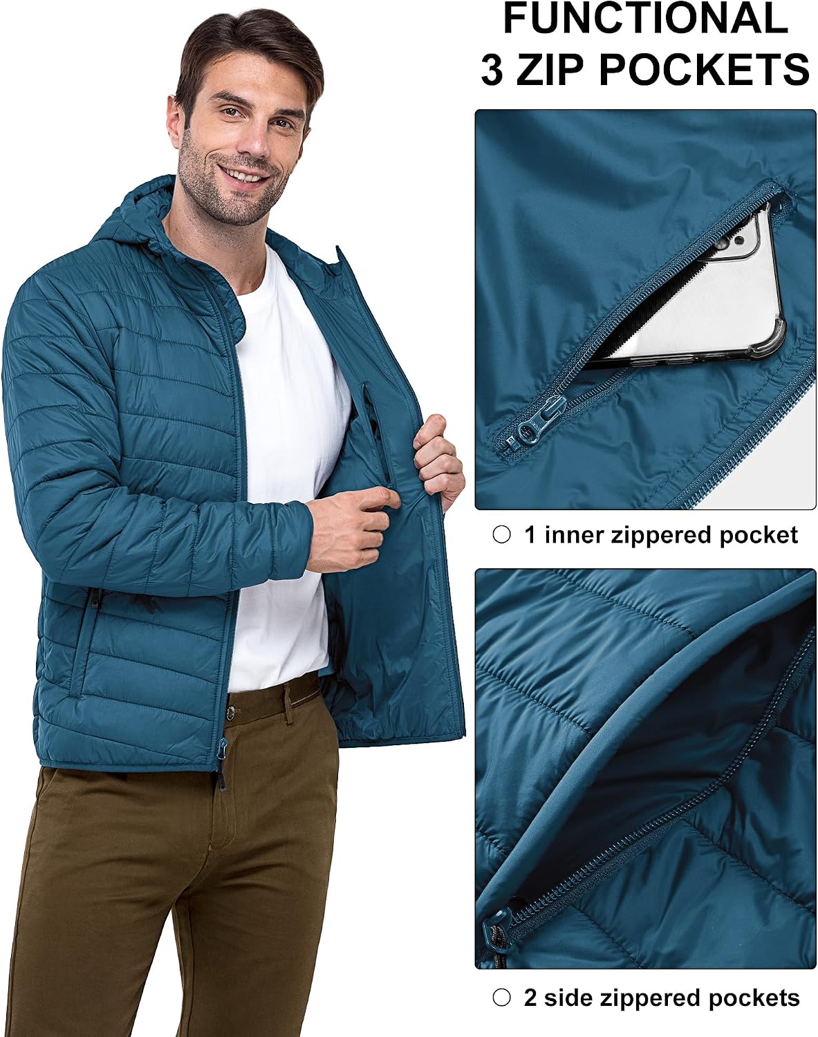 33,000ft Men's Packable Hooded Puffer Jacket Lightweight Warm Winter Coat