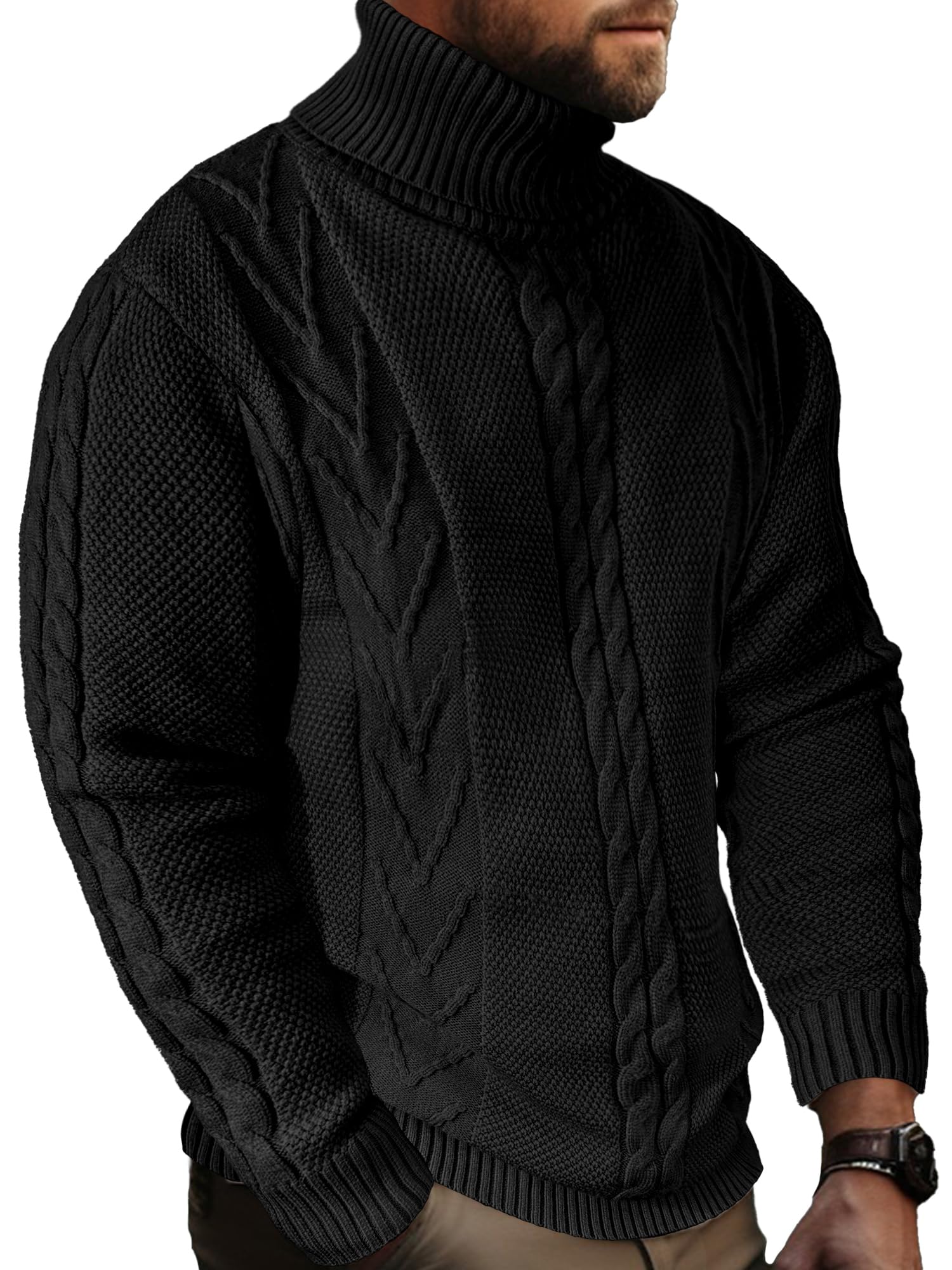 Men's Turtneck Pullover Sweaters Cable Knit Casual Pullover Sweater-23