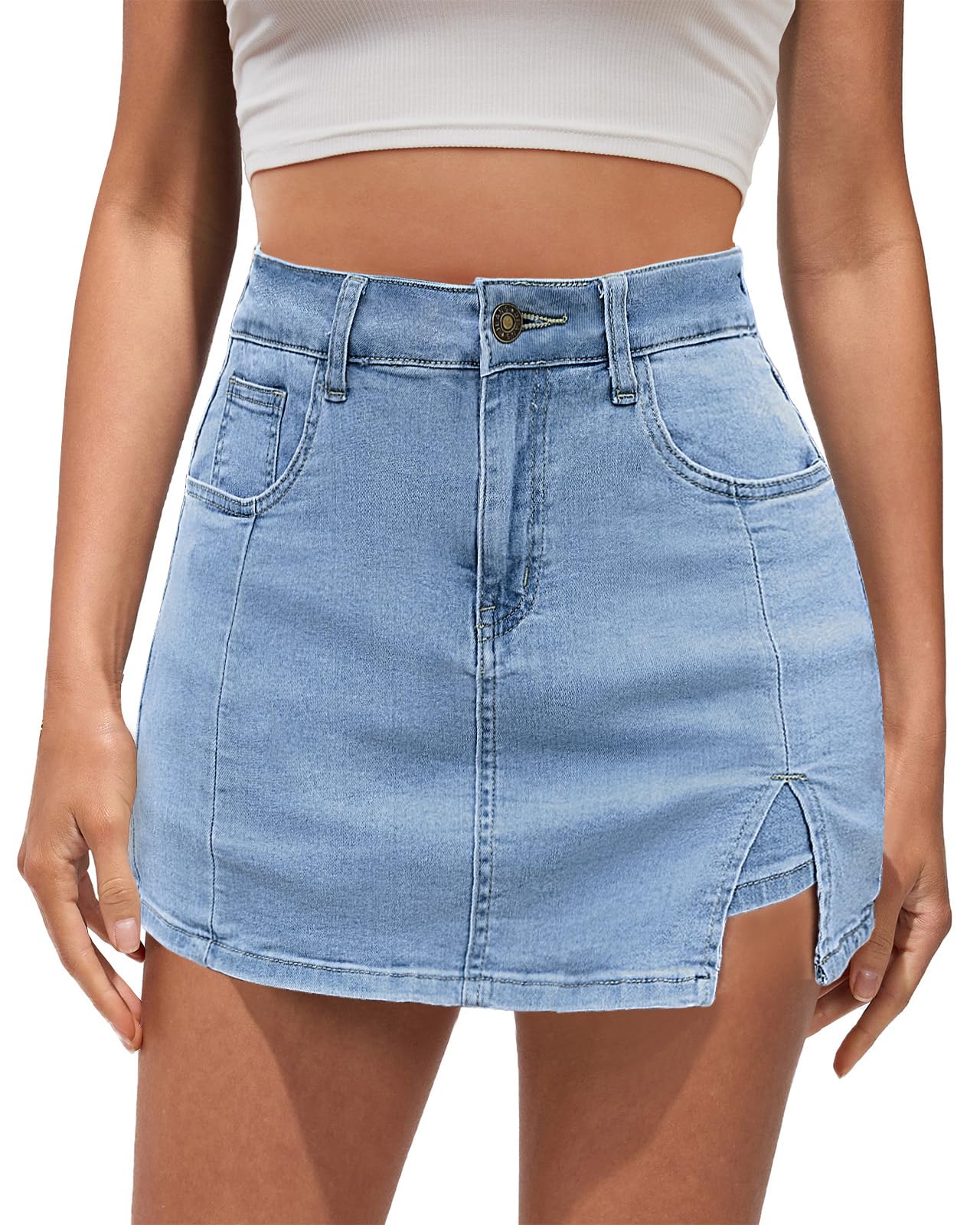 Vetinee Jean Skorts for Woman High Waisted Trendy Slit Stretchy Denim Skirt with Shorts Y2K Casual Summer Skorts Skirts