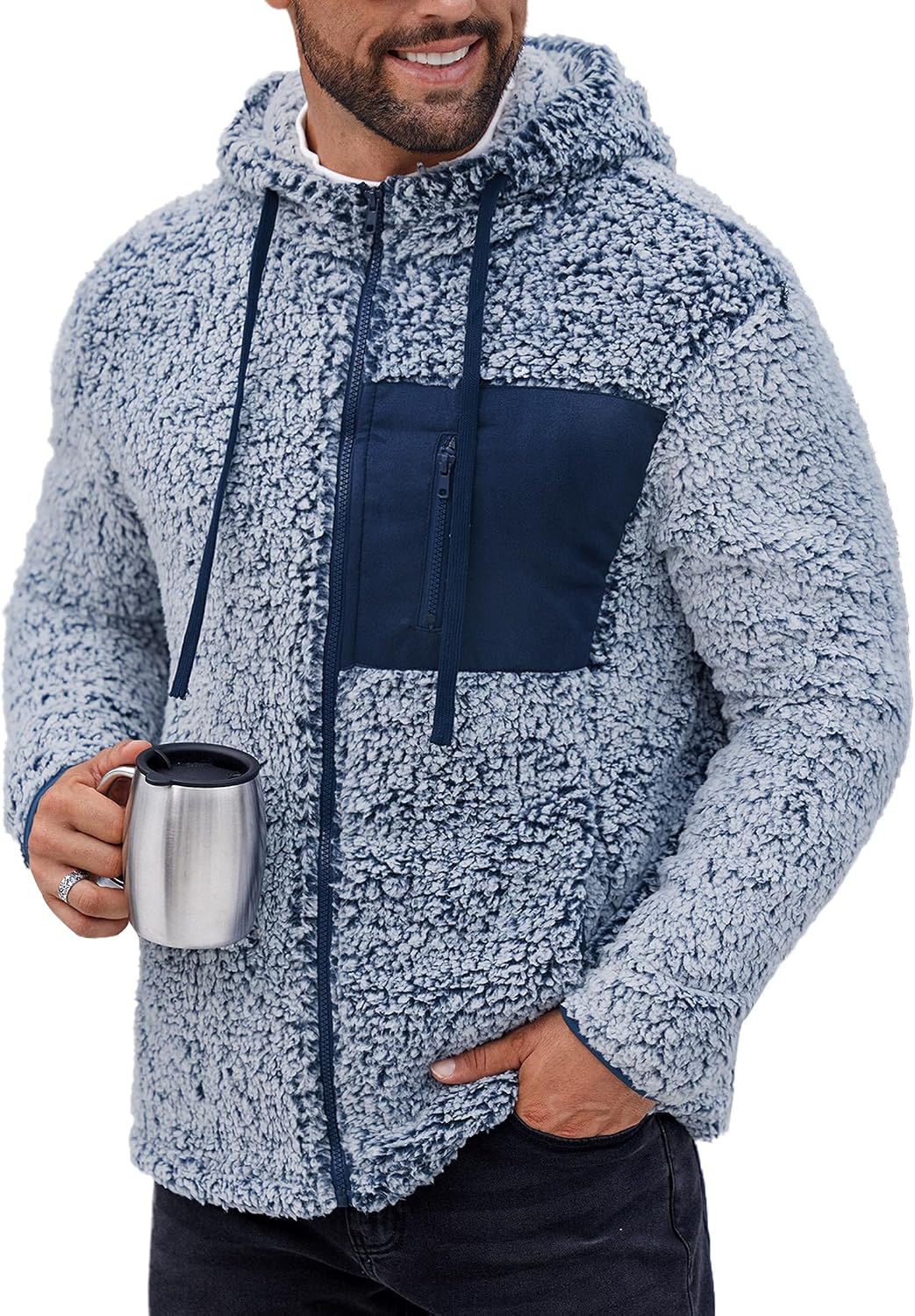 VOGSTART Men's Sherpa Jacket Fuzzy Warm Lightweight Winter Hoodie Coat