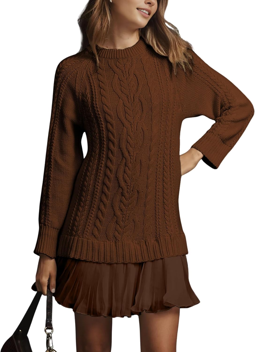 Women Cable Knit Sweater Dress Crewneck Long Sleeve Pleated Mini Dress Twofer Style Patchwork Dress-11