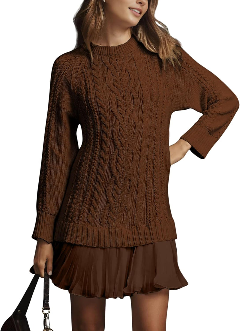 Women Cable Knit Sweater Dress Crewneck Long Sleeve Pleated Mini Dress Twofer Style Patchwork Dress-14