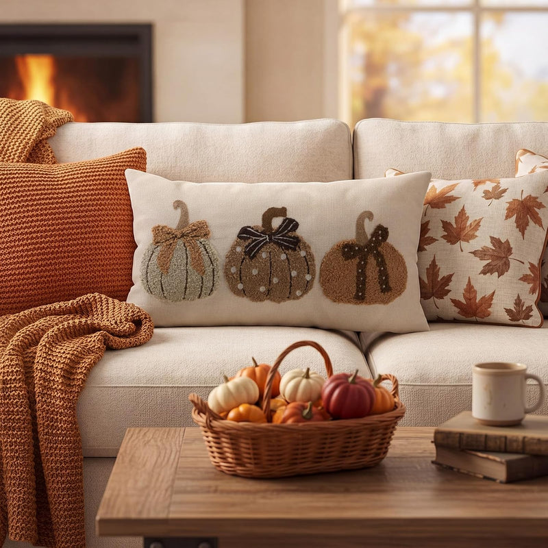 Boao Fall Pumpkin Pillow Covers 12x20 Rustic Boho Brown Beige Lumbar Case