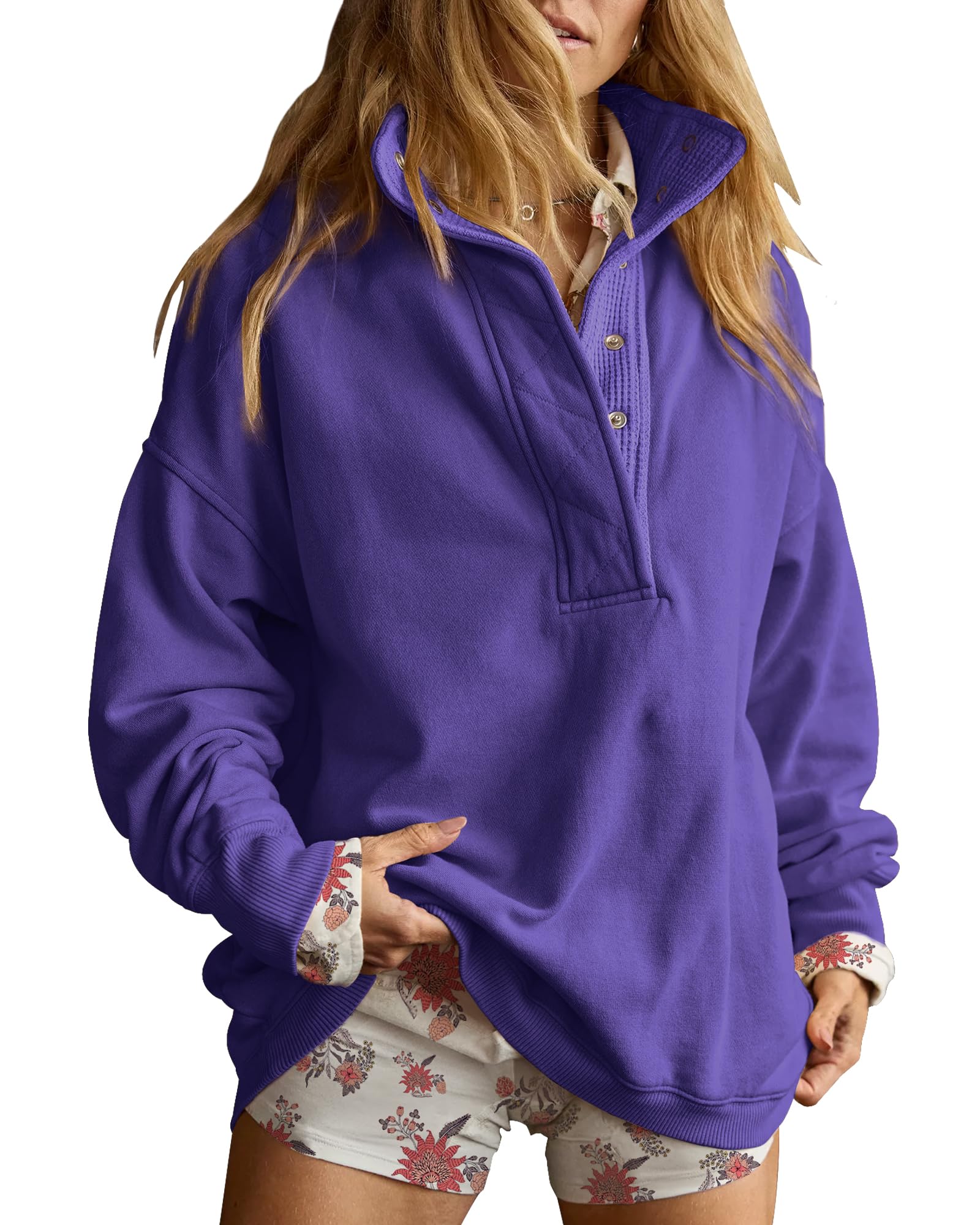 Gacaky Sweatshirt for Women Oversized Casual Long Sleeve Button Henley Neck Pullover Tops Fashion Outfits Clothes-10