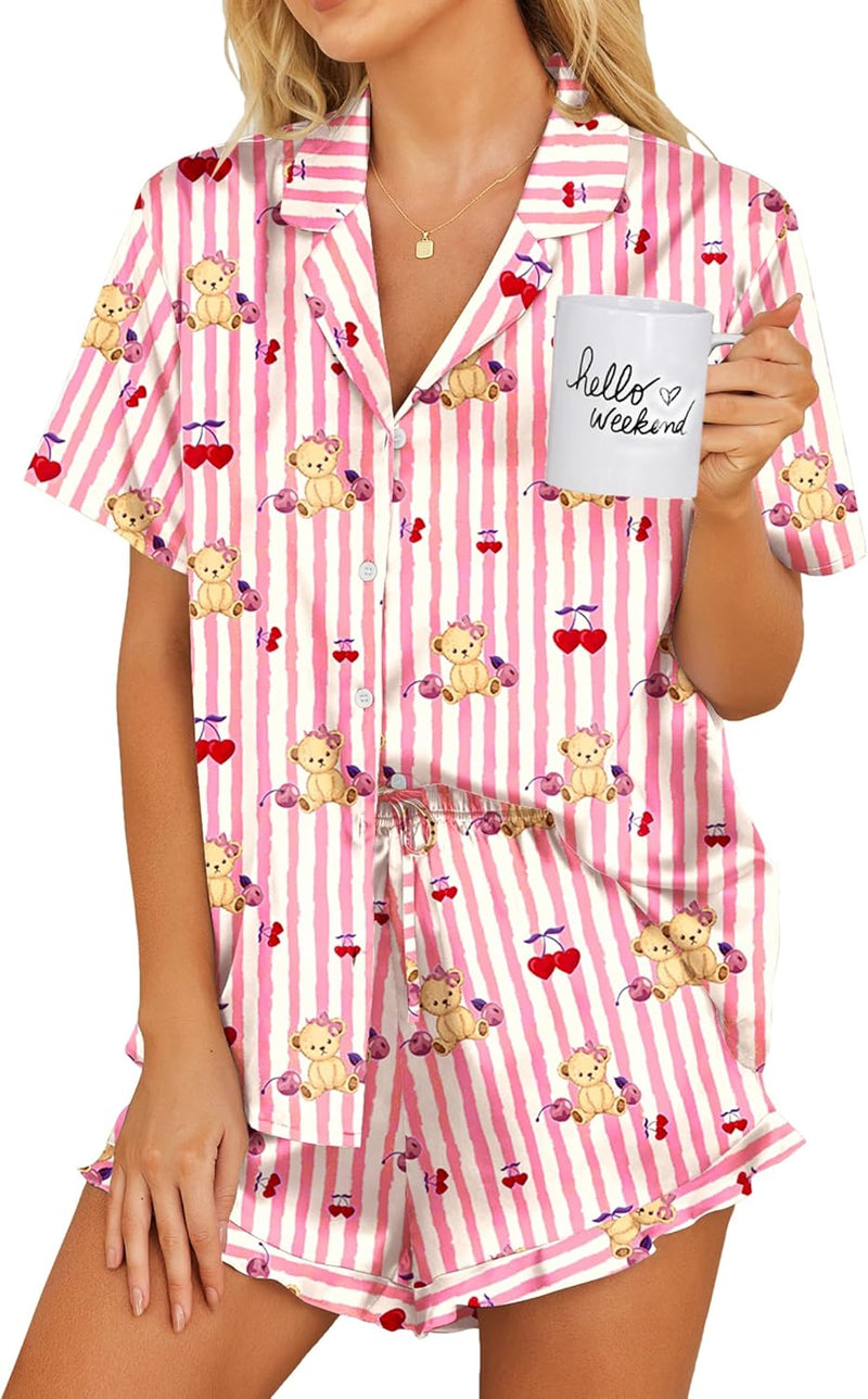 Ekouaer Womens Satin Pajamas Set Button Down 2 Piece Silk Pjs Shorts Set Ruffle Lingerie Notch Collar Sleepwear-40