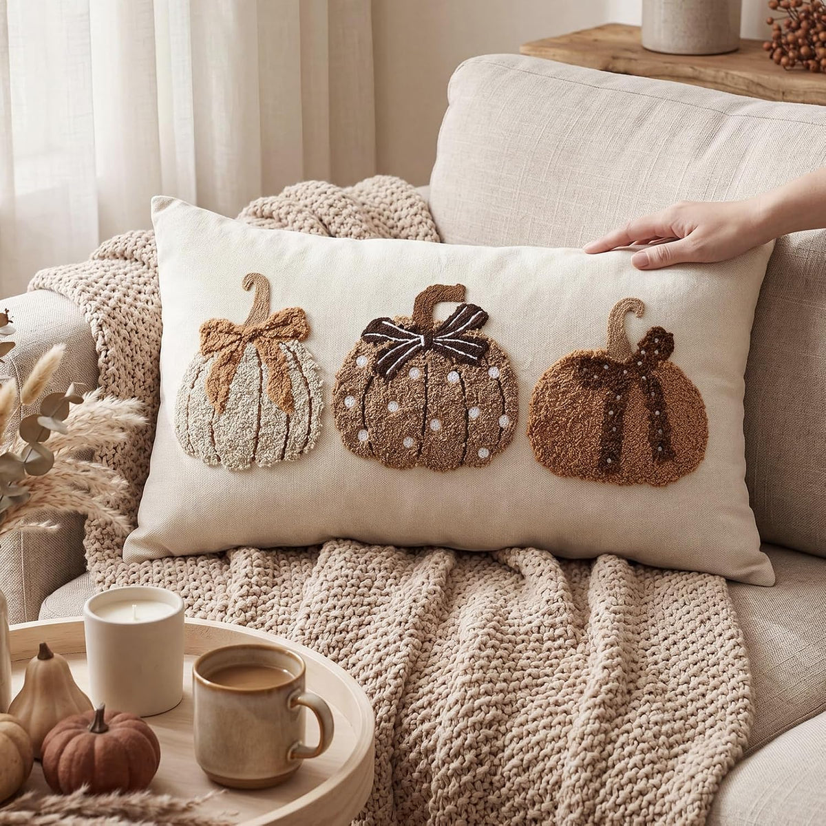 Boao Fall Pumpkin Pillow Covers 12x20 Rustic Boho Brown Beige Lumbar Case
