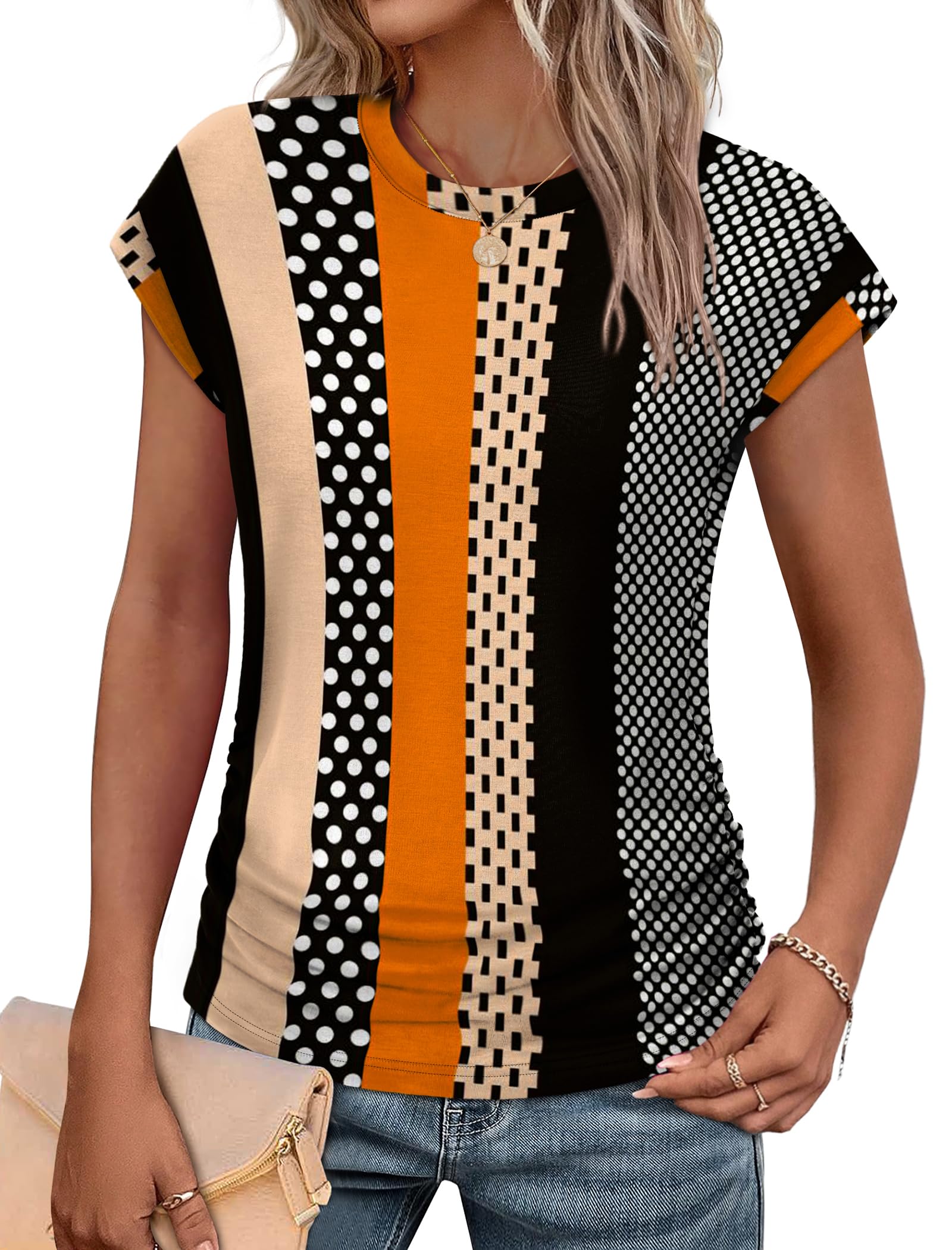 SAMPEEL Womens Summer Tops Trendy 2025 Ruched Cap Short Sleeve Tshirts Shirts Crew Neck T Shirts Fashion-9