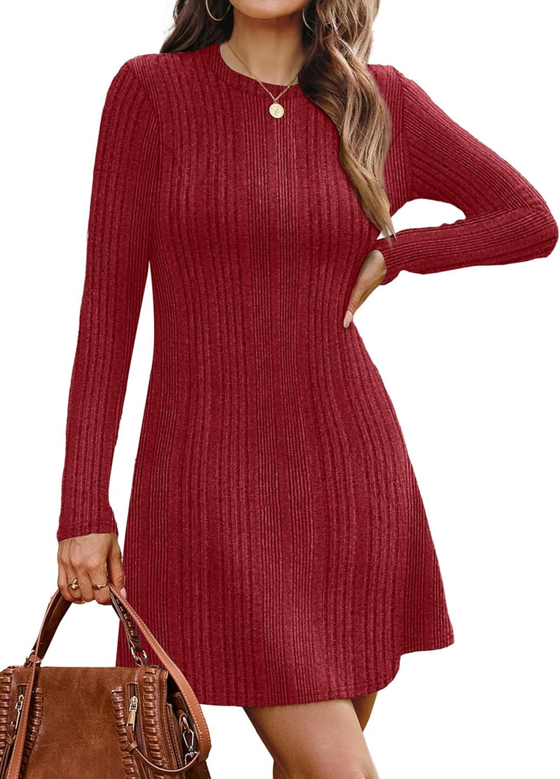 OFEEFAN Fall Dresses for Women 2025 Long Sleeve Crew Neck Sweater Dress-57