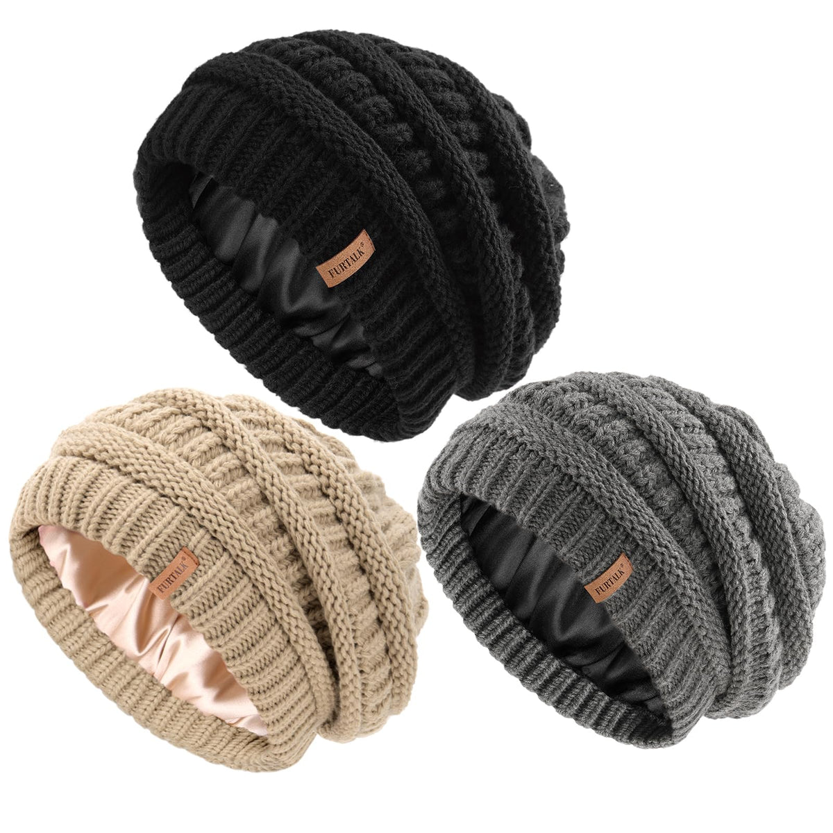 FURTALK Womens Slouchy Winter Beanie Knit Hat Satin Lined 3 Pack Skull Cap