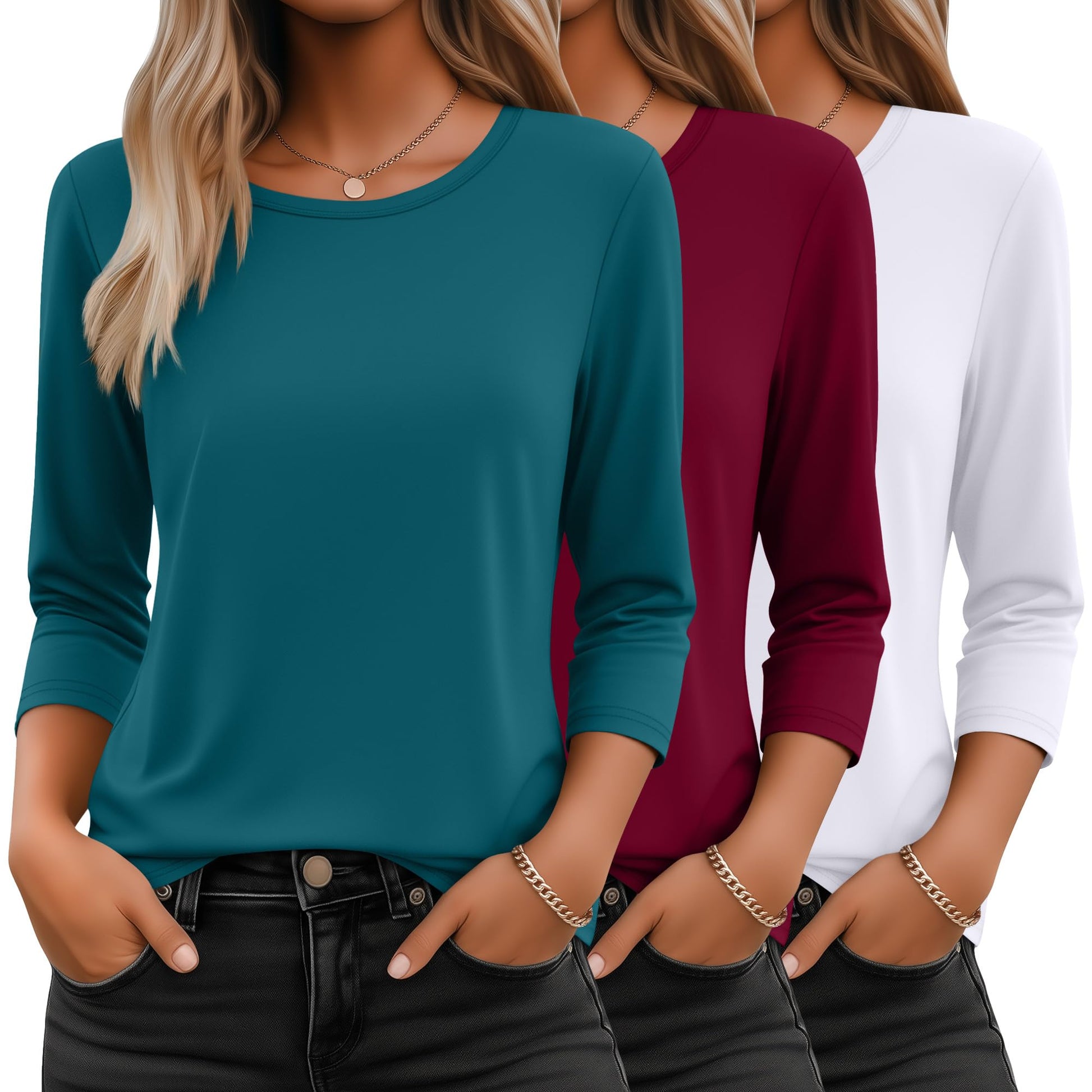 Ficerd 3 Pack 3/4 Sleeve Tops for Women Round Neck Dressy Basics Tees Casual Trendy Loose Fit T Shirts-95