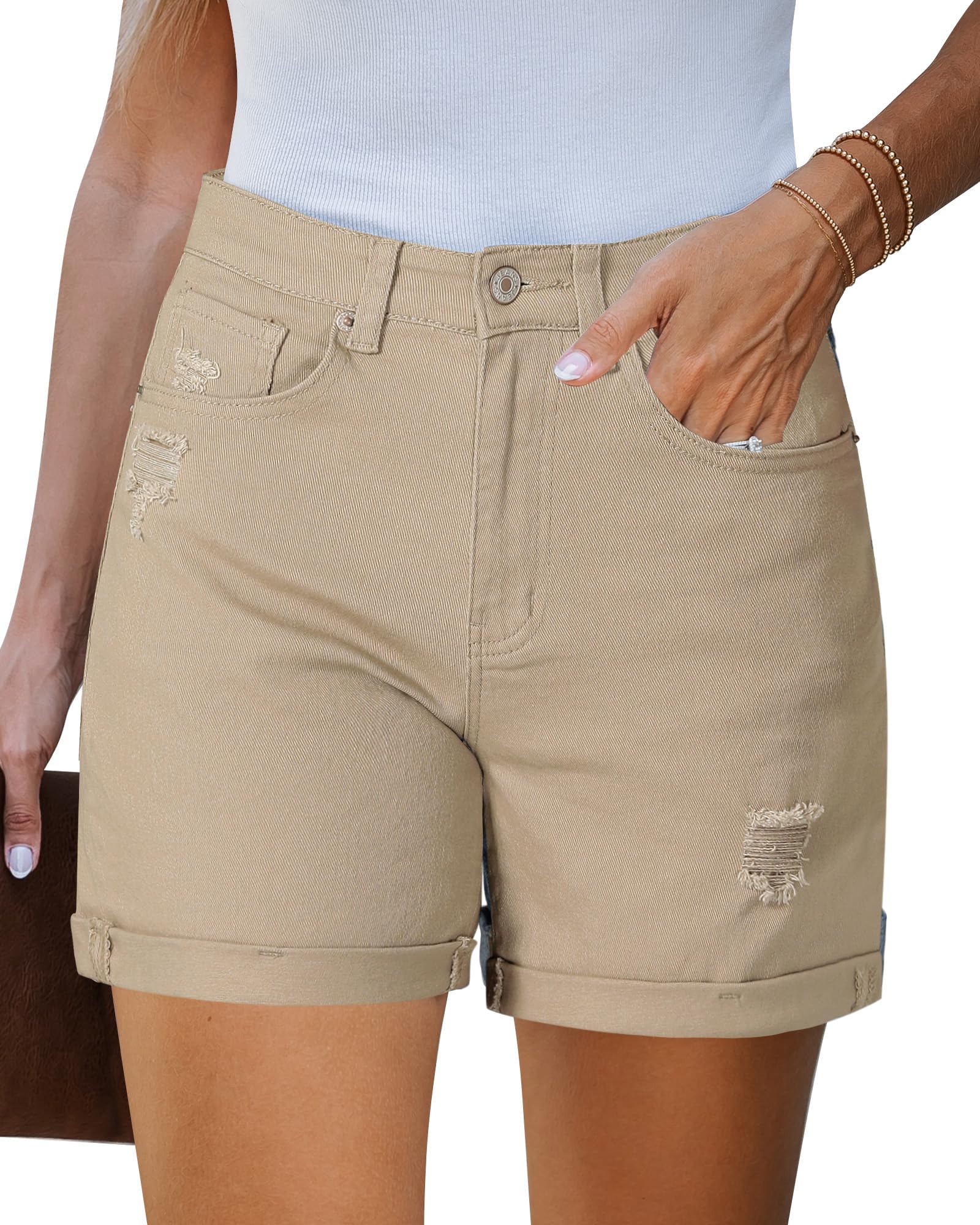 LookbookStore Jean Shorts Womens Stretchy High Waisted Ripped Denim Shorts with Pockets Trendy Distressed Cut Off Shorts