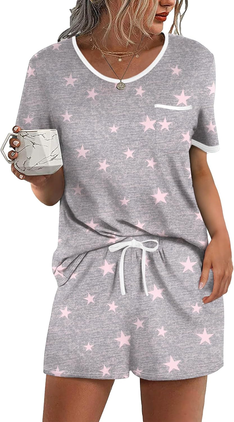 Ekouaer Pajama Set for Women 2 Piece Lounge Set Short Sleeve Tops and Shorts Soft Sleepwear, Chest Pocket-91