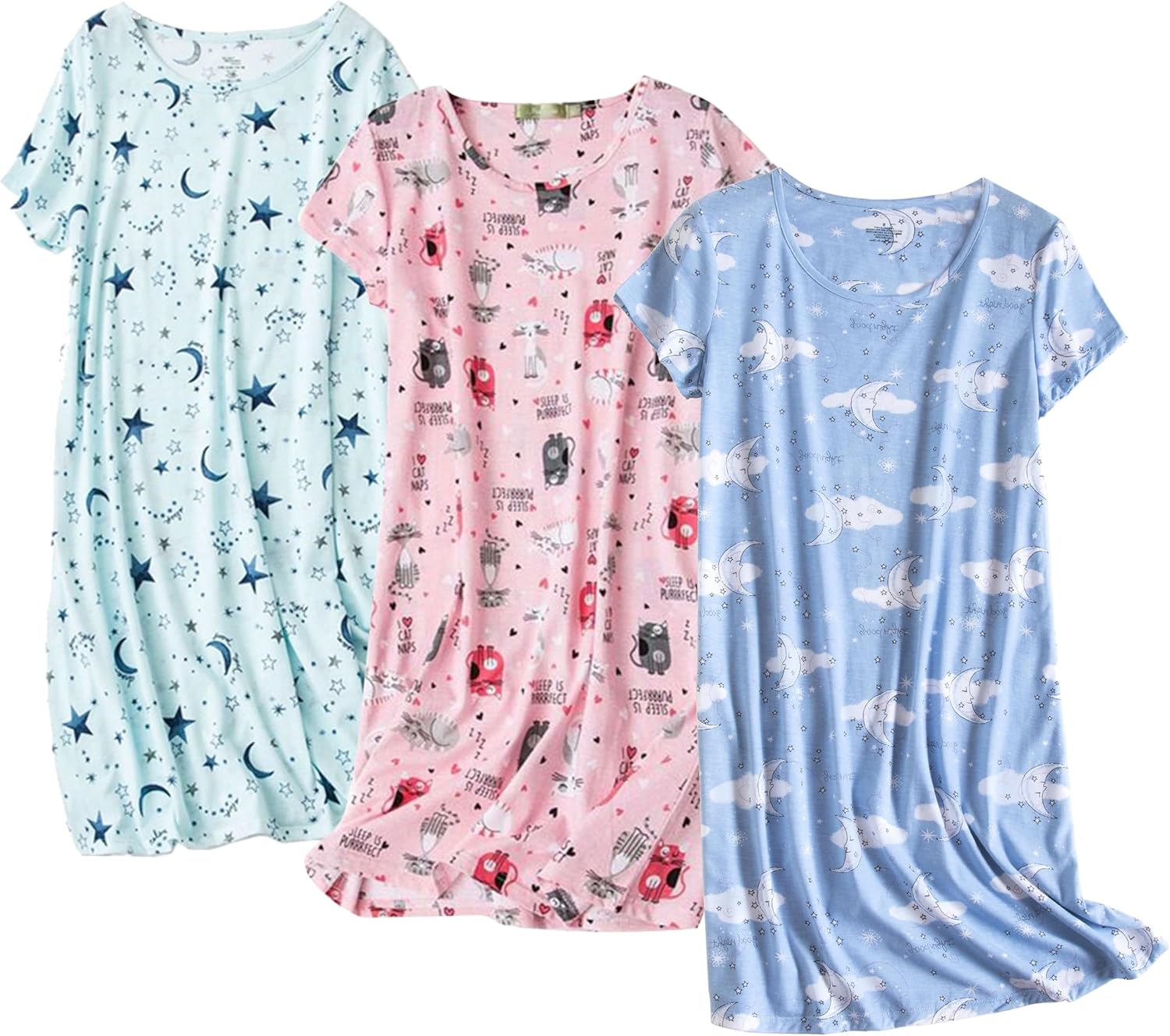PNAEONG 3 Pack Women's Cotton Nightgown Sleepwear Short Sleeves Shirt Casual Print Sleepdress-20