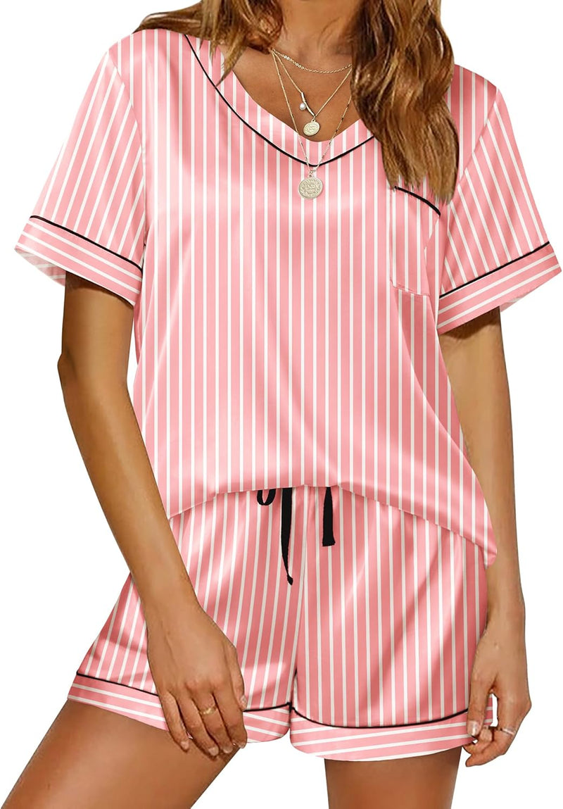 Ekouaer Silk Pajama for Women Short Sleeve Satin Pj Set Two Piece Soft Sleepwear Loungewear, S-XXL-42