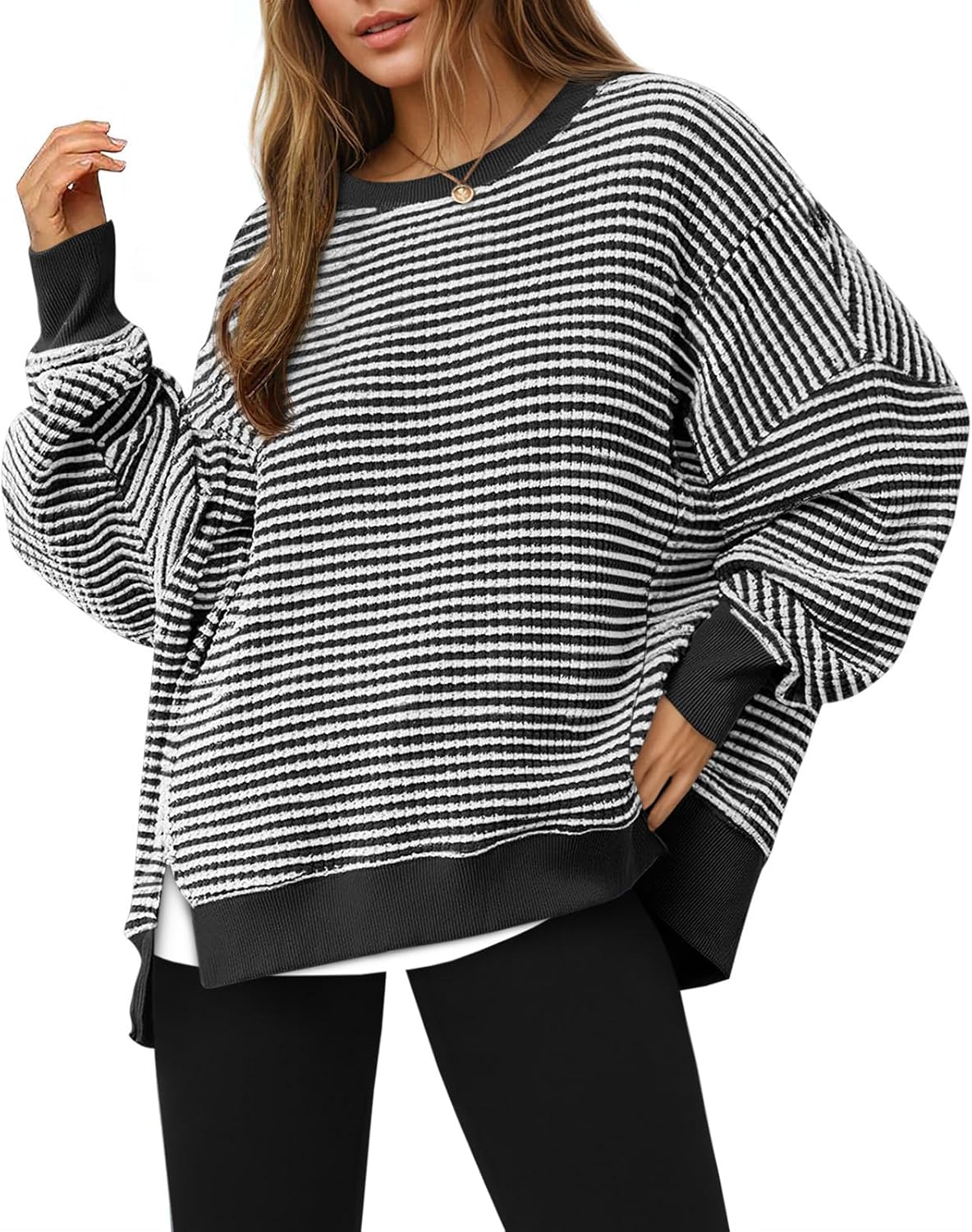 Fisoew Women's Fall Oversized Sweatshirt Casual Waffle Knit Long Sleeve Crewneck Split Pullover Tunic Tops-17