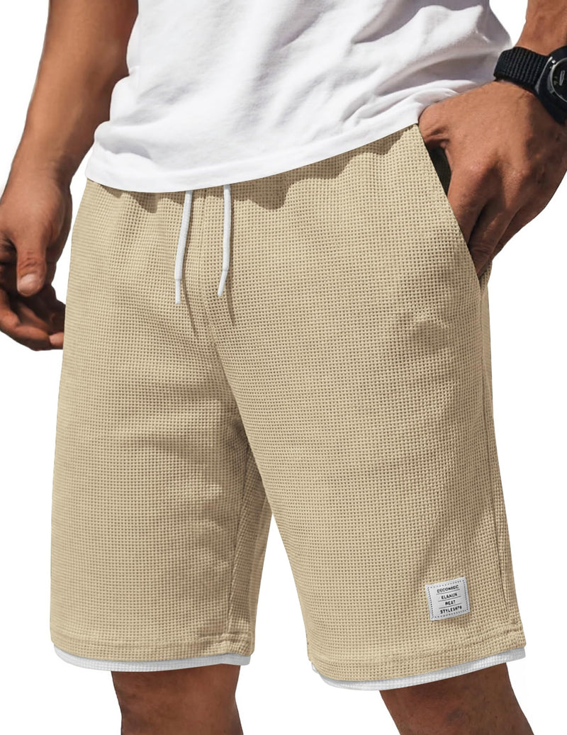 COOFANDY Mens Casual Shorts Cotton Drawstring 9 inch Waffle Shorts Stretch Elastic Waist Summer Beach Lounge Sweat Shorts