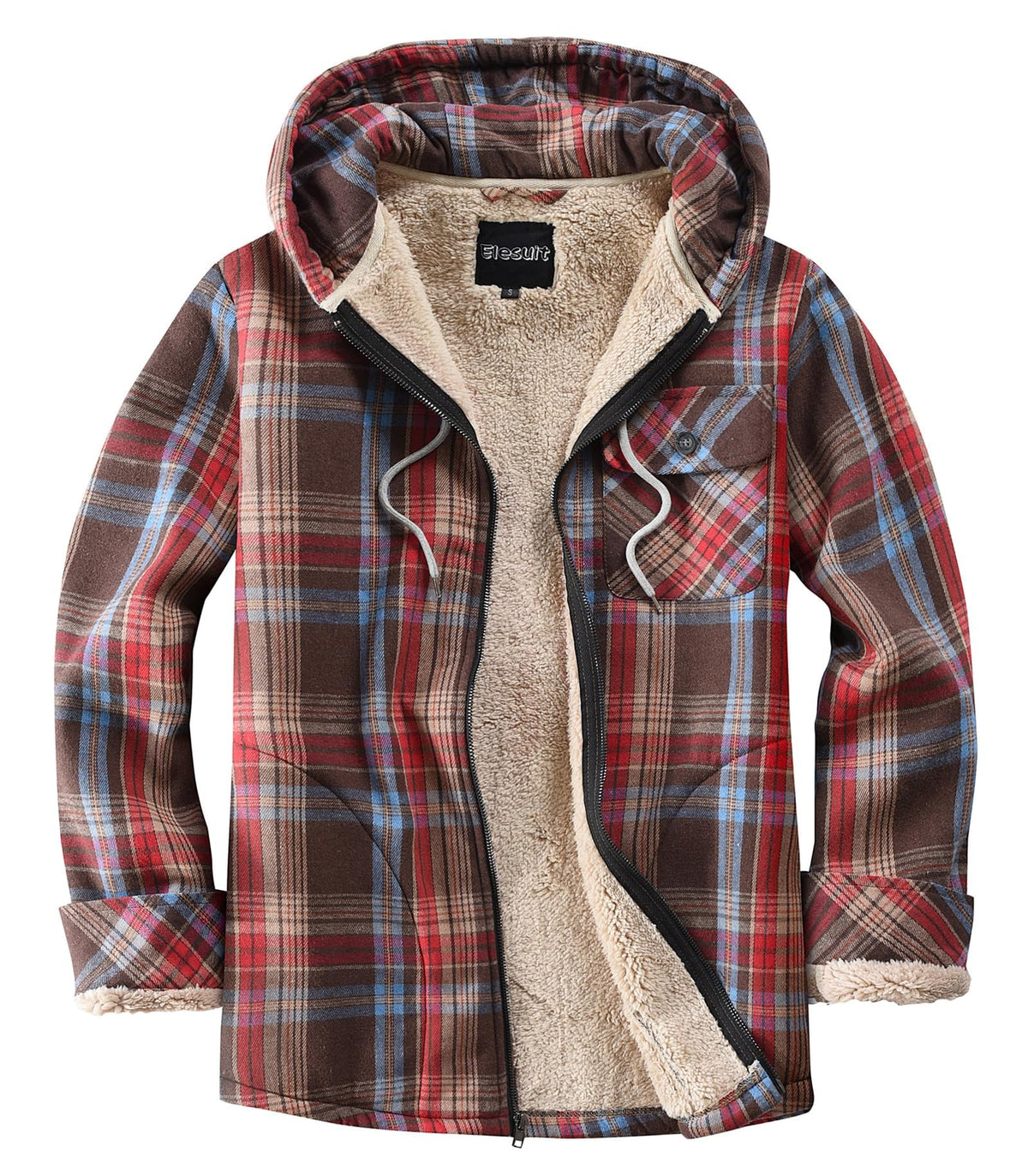 Elesuit Men's Full Zip Fleece Flannel Jacket Shirt Plaid Cotton Hoodie Coat