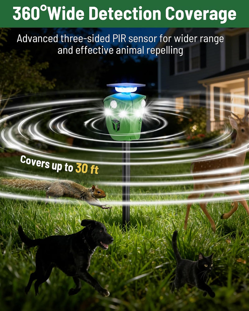360° Solar Animal Repellent for Yard & Garden – No Blind Spot Motion Sensor to Keep Deer, Raccoons & Cats Away, Waterproof Ultrasonic & Flashing Light Outdoor Deer Repellent Device