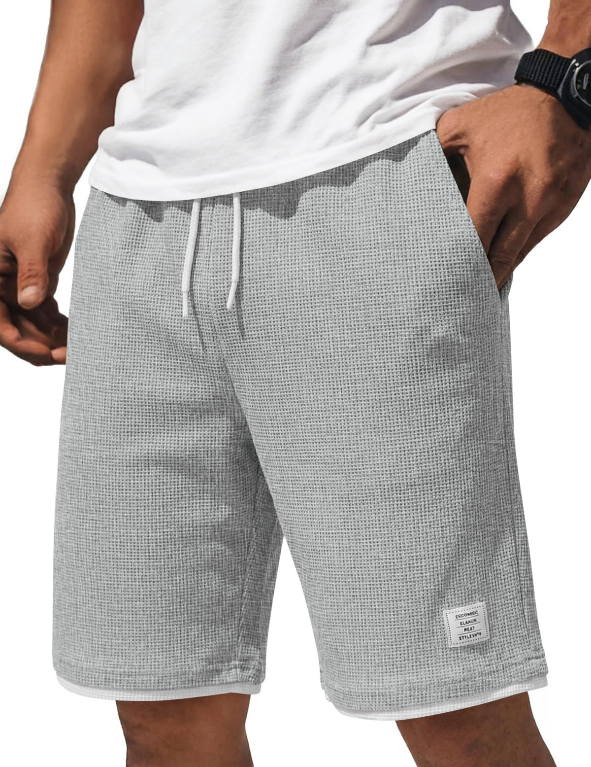 COOFANDY Mens Casual Shorts Cotton Drawstring 9 inch Waffle Shorts Stretch Elastic Waist Summer Beach Lounge Sweat Shorts