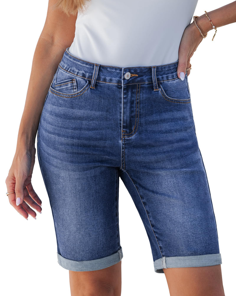 luvamia Bermuda Jean Shorts for Women Knee Length High Waisted Trendy Cuffed Hem Long Stretchy Denim Shorts Summer Jorts