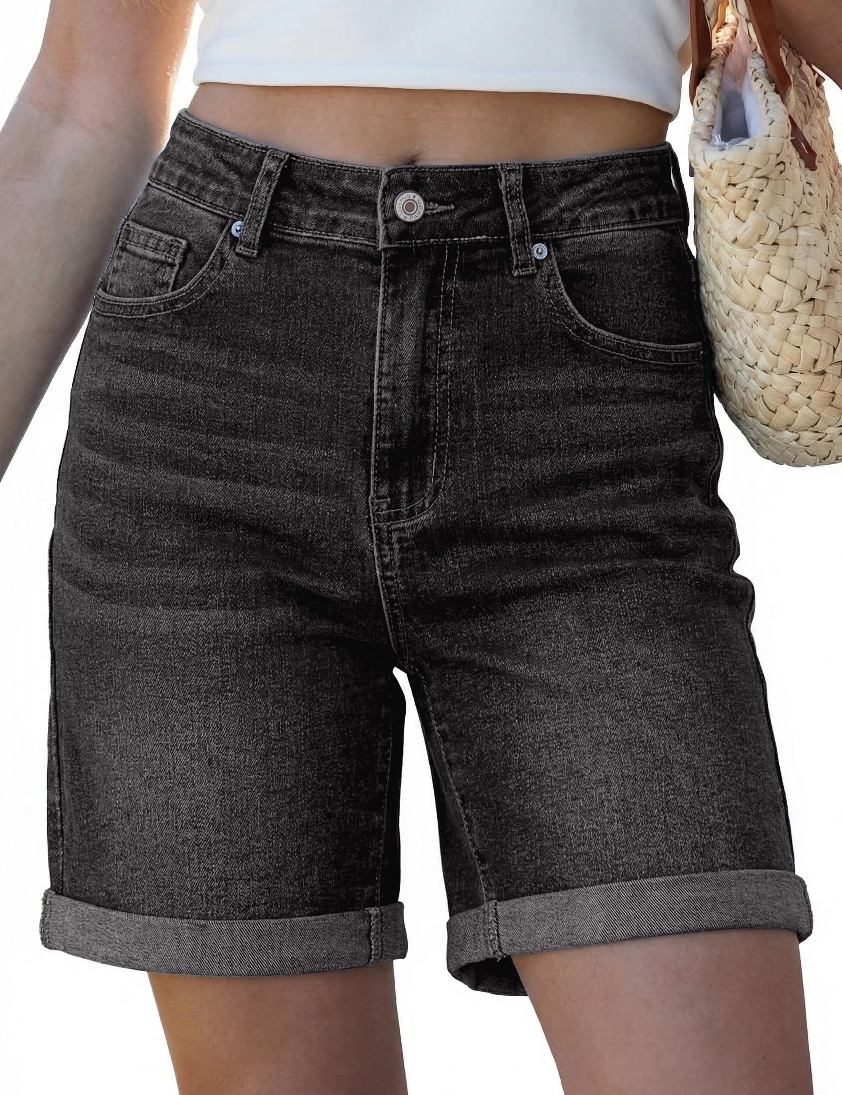 luvamia Jean Shorts for Women High Waisted Trendy Causal Summer Fold Hem Stretchy Long Denim Shorts 7 Inch Inseam