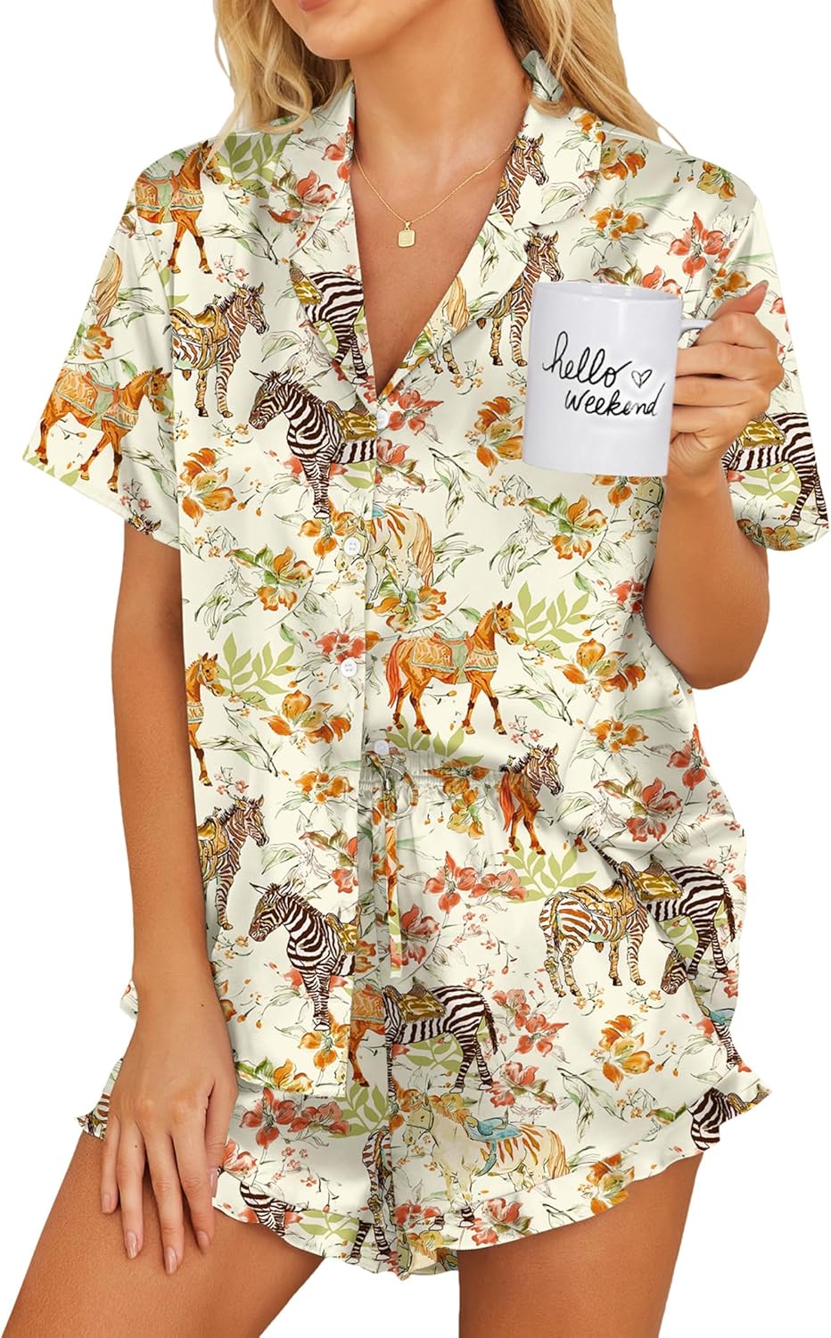 Ekouaer Womens Satin Pajamas Set Button Down 2 Piece Silk Pjs Shorts Set Ruffle Lingerie Notch Collar Sleepwear-51