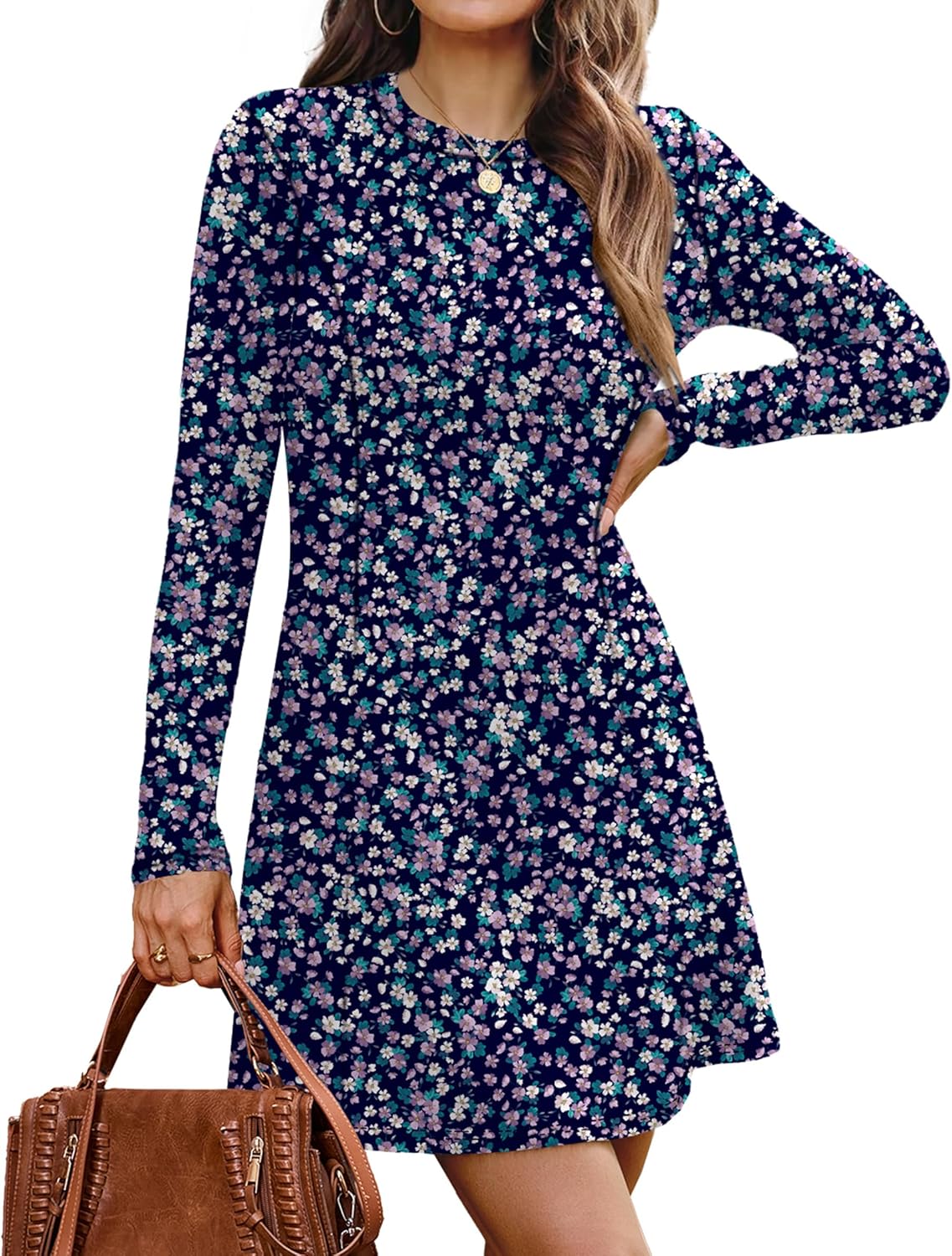 OFEEFAN Fall Dresses for Women 2025 Long Sleeve Crew Neck Sweater Dress-62