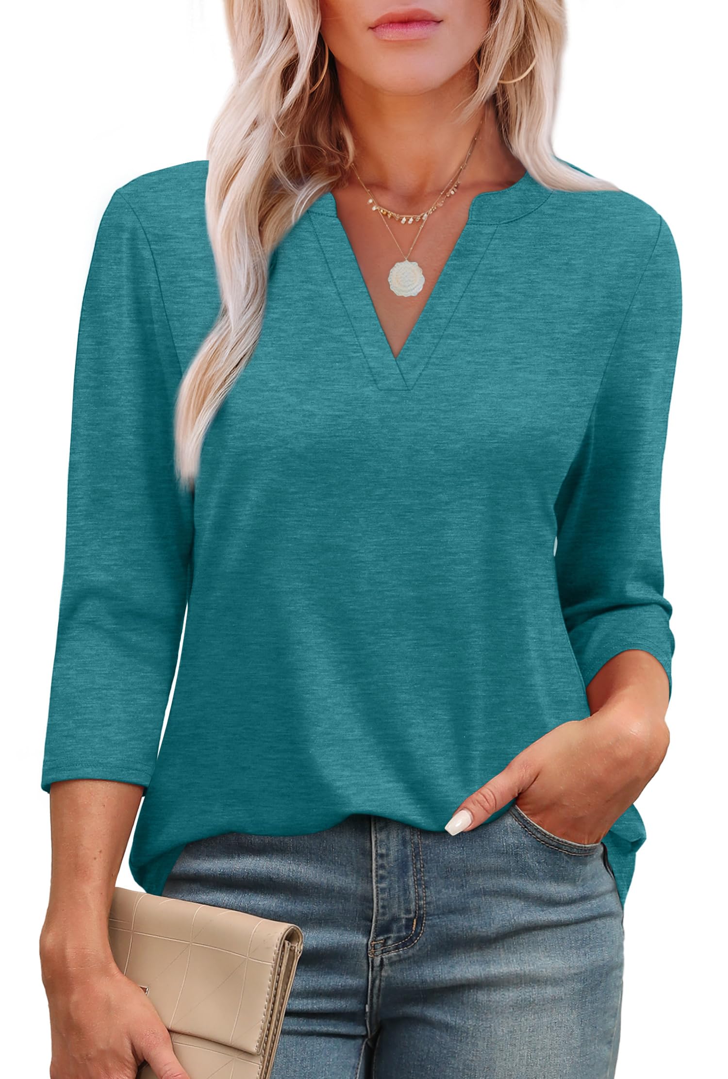 OFEEFAN 3/4 Length Sleeve Womens Tops V Neck Tunic Shirts Loose Curved Hem Blouses Dressy Casual S-3XL-56