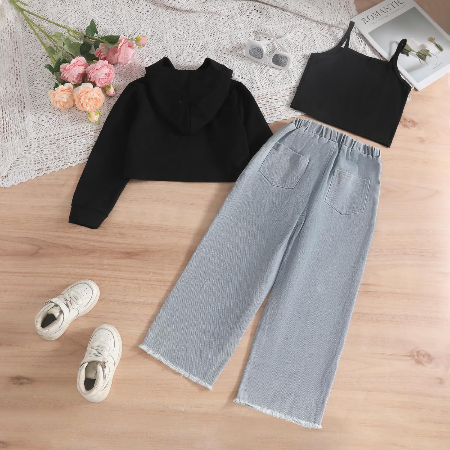 Voxikidio Size 5-10 Years Girls 3PCS Fashion Outfits Set - Cropped Hoodie + Cami Top + Printed Jeans 3-Piece Set