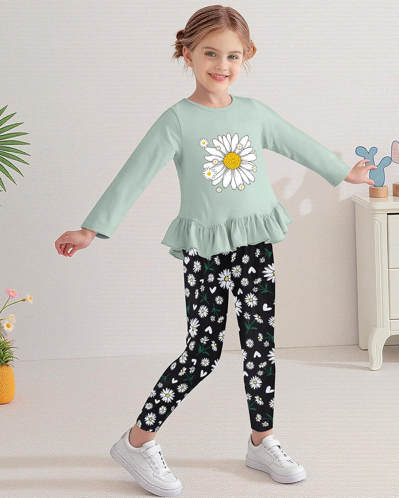 CARETOO Toddler Girl Clothes Girl 2pcs Fall Winter Outfit Ruffle Hem Top and Full-print Patterned Pants 2-7 Years