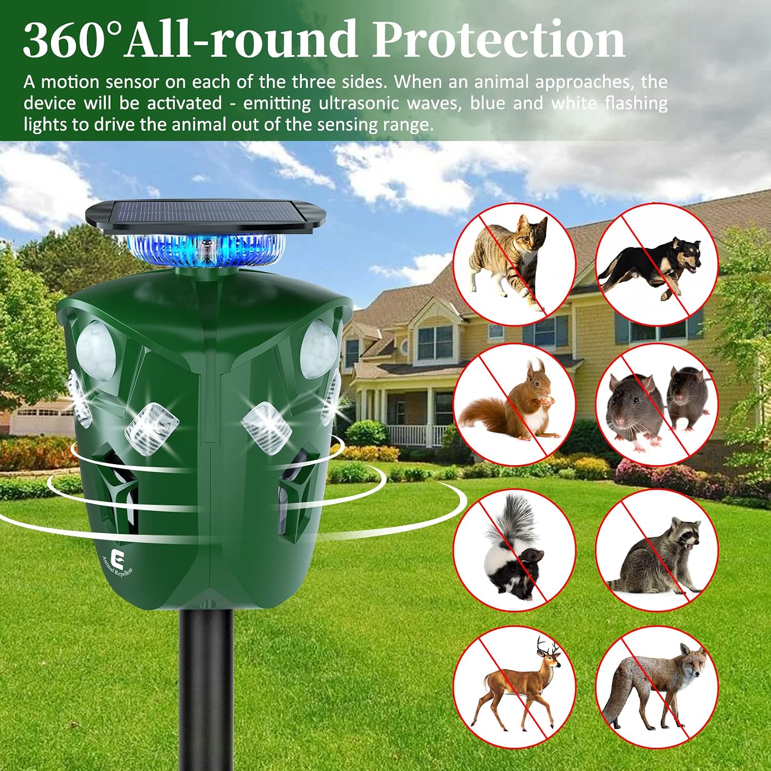 Redeo Ultrasonic Animal Repeller Solar Cat Repellent Outdoor Deer Repellent Devices with 360 Degree Motion Activated Flashing Lights Dog Repellent for Yard, Repel Squirrel Raccoon Skunk Fox & More