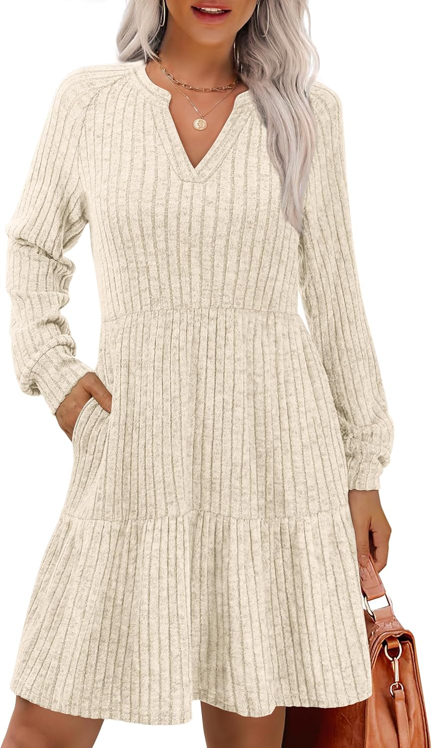 IWD Womens V Neck Long Sleeve Dress with Pockets Casual A-Line Knee Length Fall Knit Sweater Dresses 2025-20