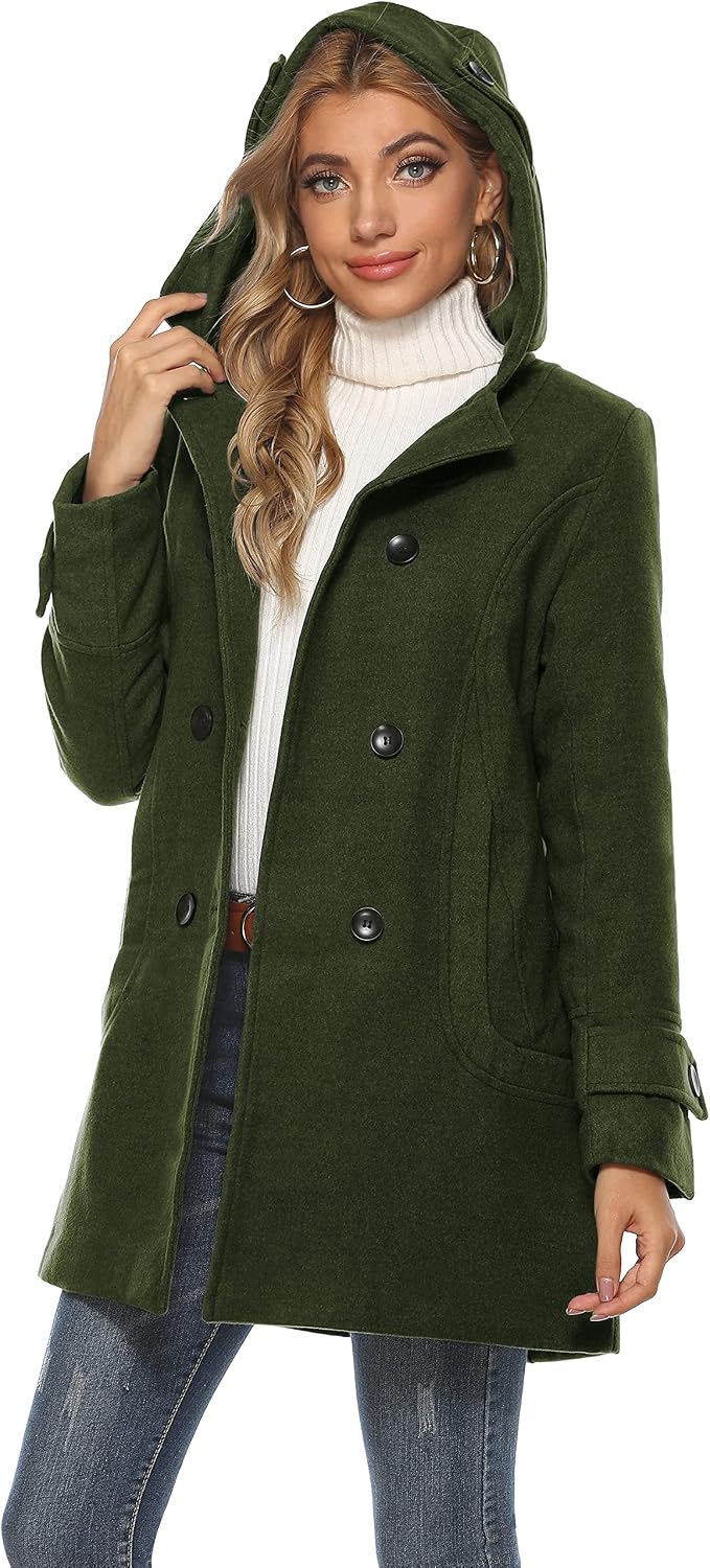 Tanming Women's Hooded Wool Blend Coat Mid Long Peacoats
