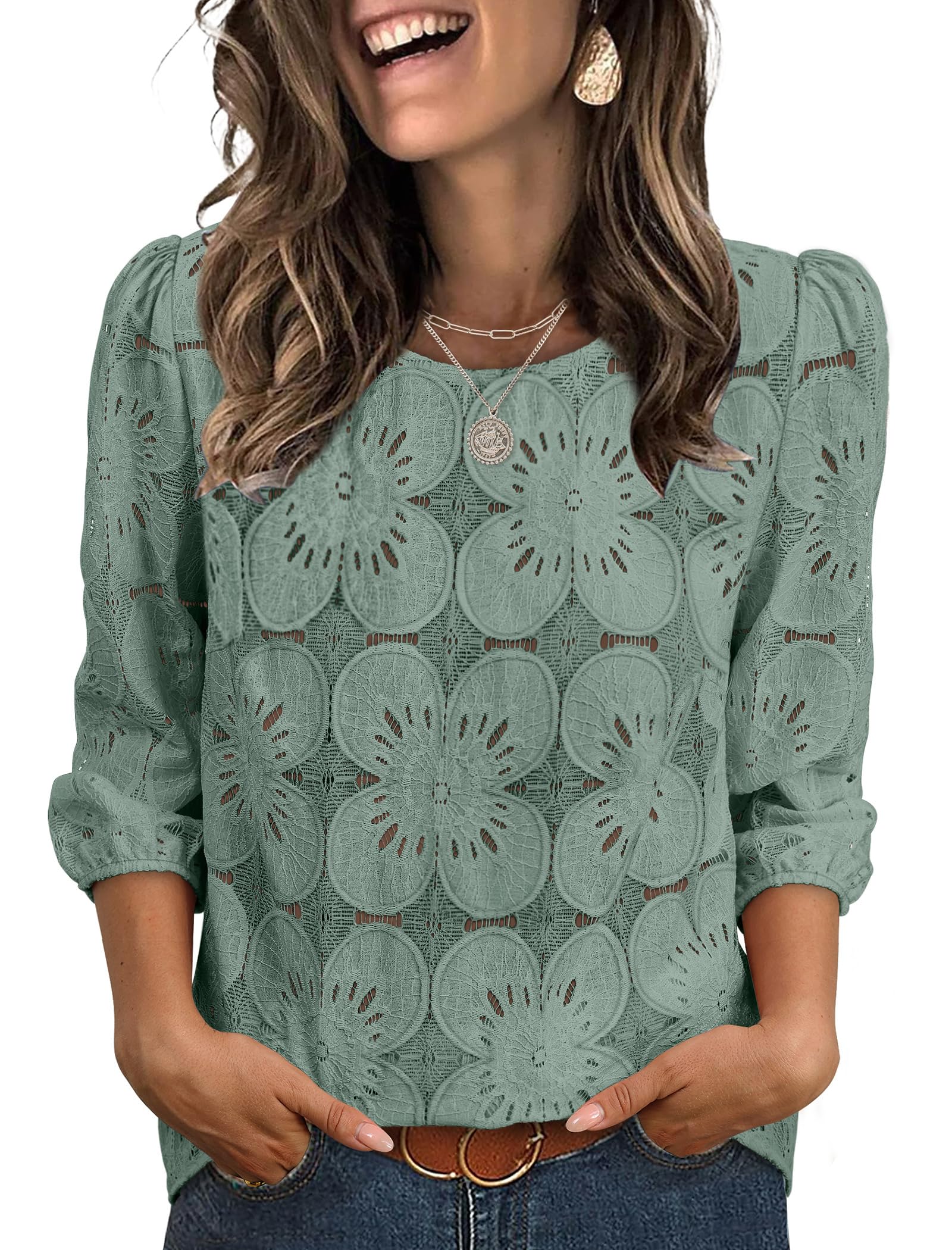 Sampeel Women Blouses Dressy Casual 3/4 Length Sleeve Tops Eyelet Lace Spring Summer Shirts Beach Vacation Clothes
