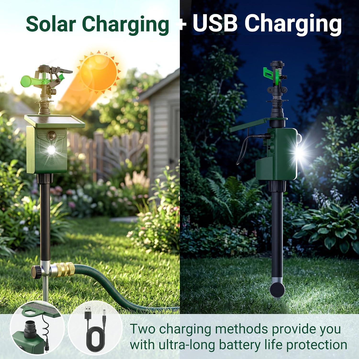 2 Packs Motion Activated Animal Repeller with Water Sprinkler, Deer Repellent Devices Solar Powered, IP65 Waterproof Deer Repellent with Flashing Light, Deter Cats Dogs Skunks Raccoons from Garden